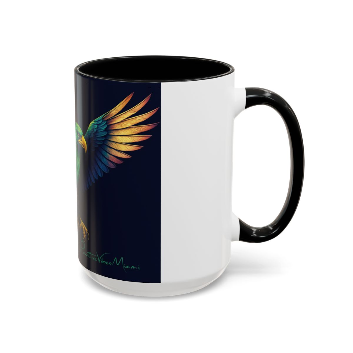“Side angle of eagle in flight against northern sky colors printed on glossy mug.”