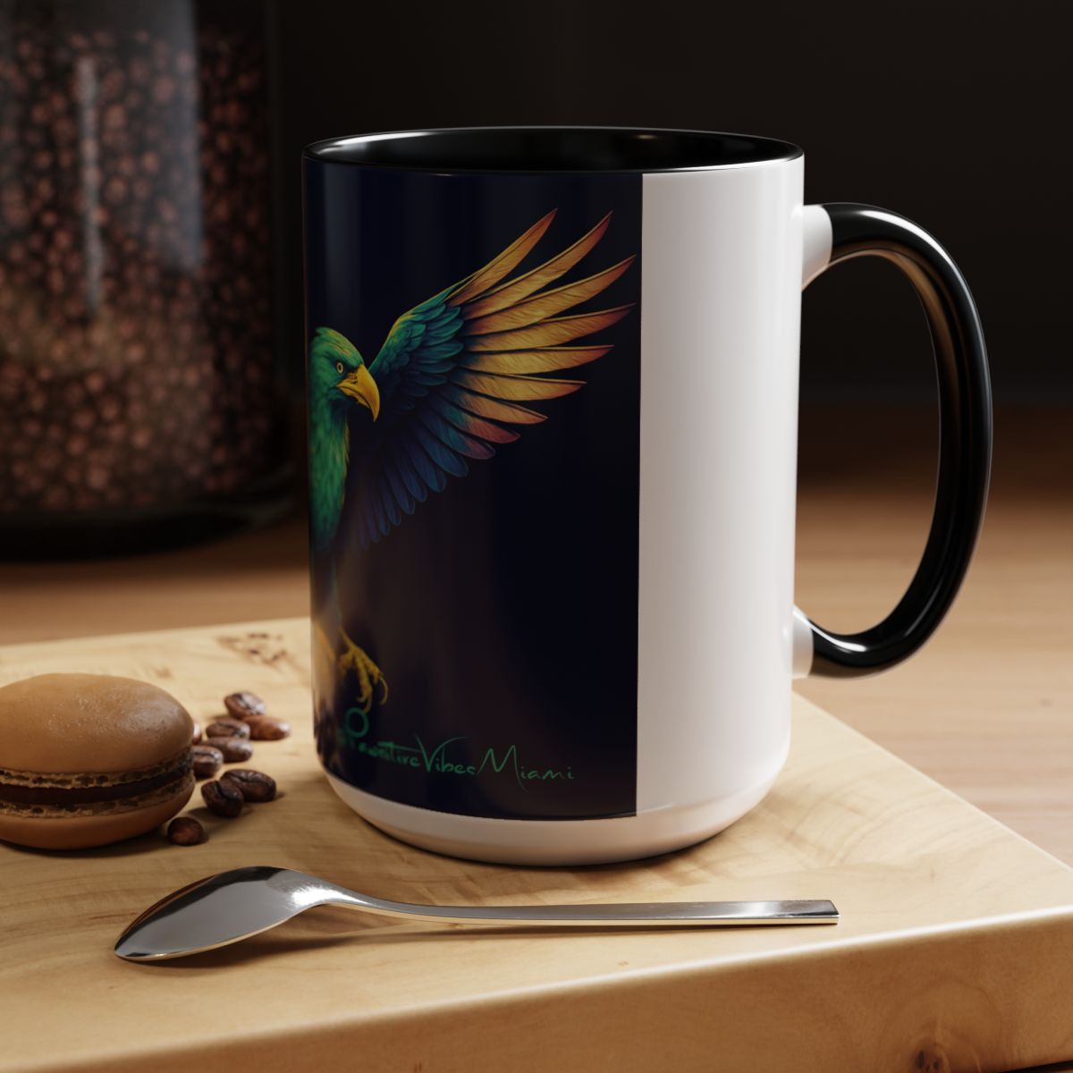 “Ceramic mug featuring soaring eagle with soft glacier blues and northern light tones.”