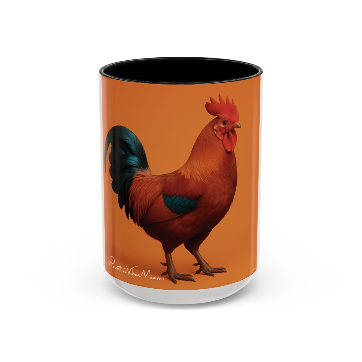 “Front view of Miami‑style rooster artwork on a ceramic mug with bold sunset colors.”