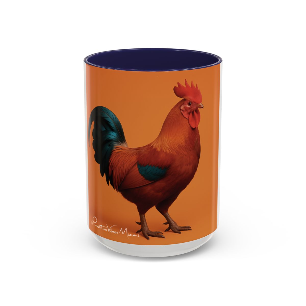 “Close‑up of fiery rooster design with Cuban‑spice color palette printed on glossy mug.”