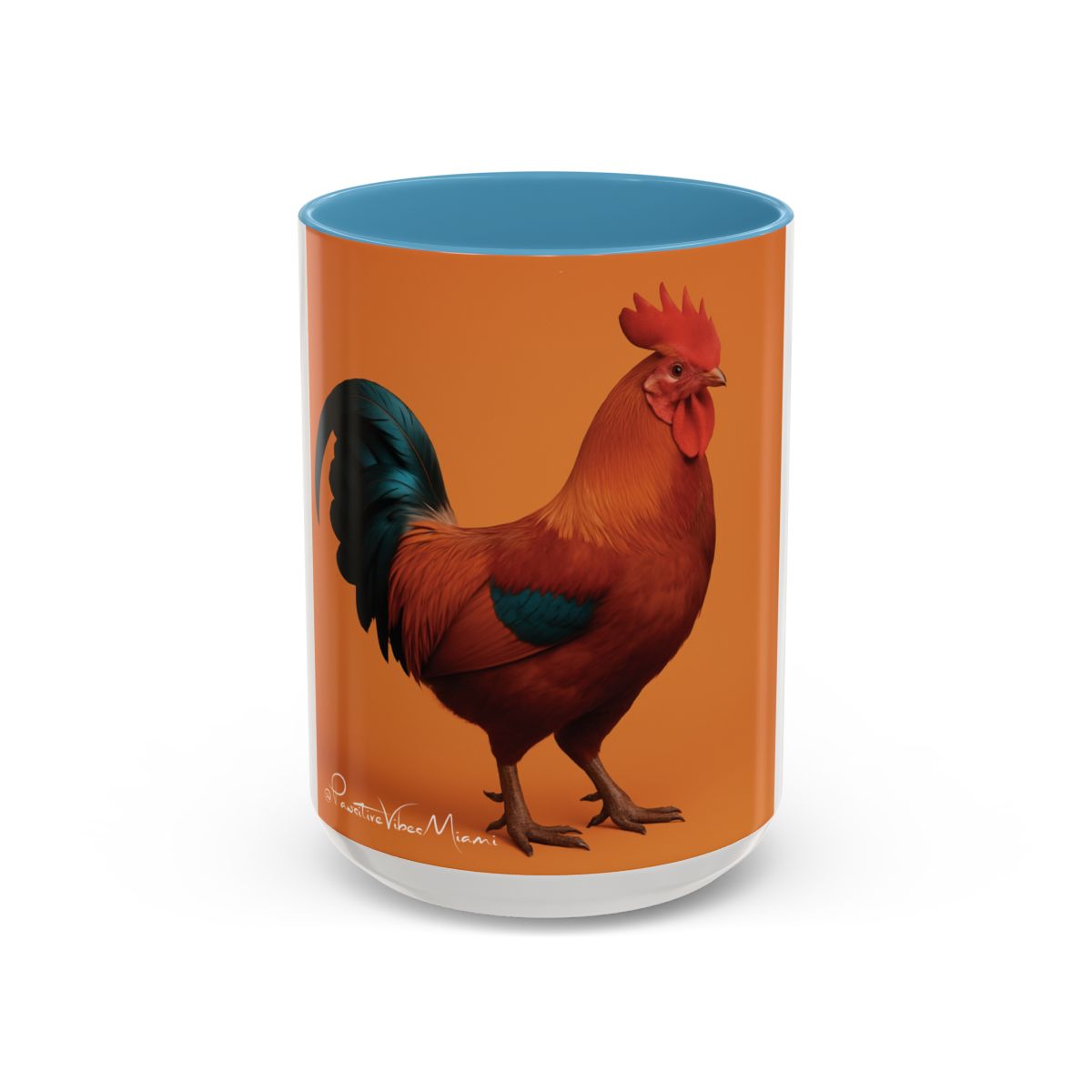 “Rooster design with vibrant feathers and Cuban‑inspired colors printed on ceramic mug.”