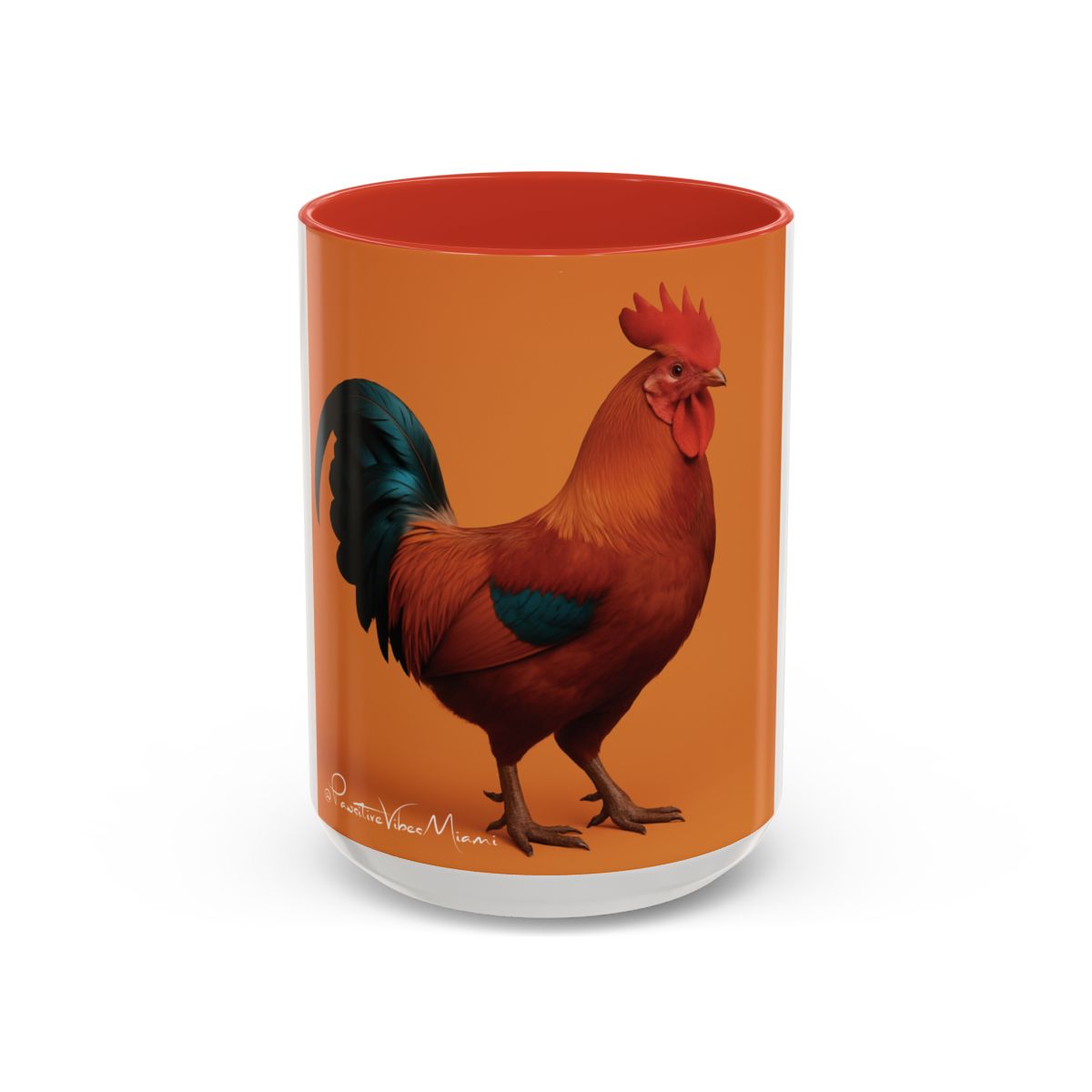 “Rooster design with vibrant feathers and Cuban‑inspired colors printed on ceramic mug.”