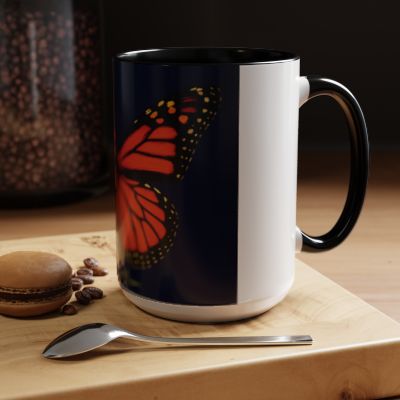 “Glossy mug featuring monarch butterfly design inspired by nighttime elegance.”