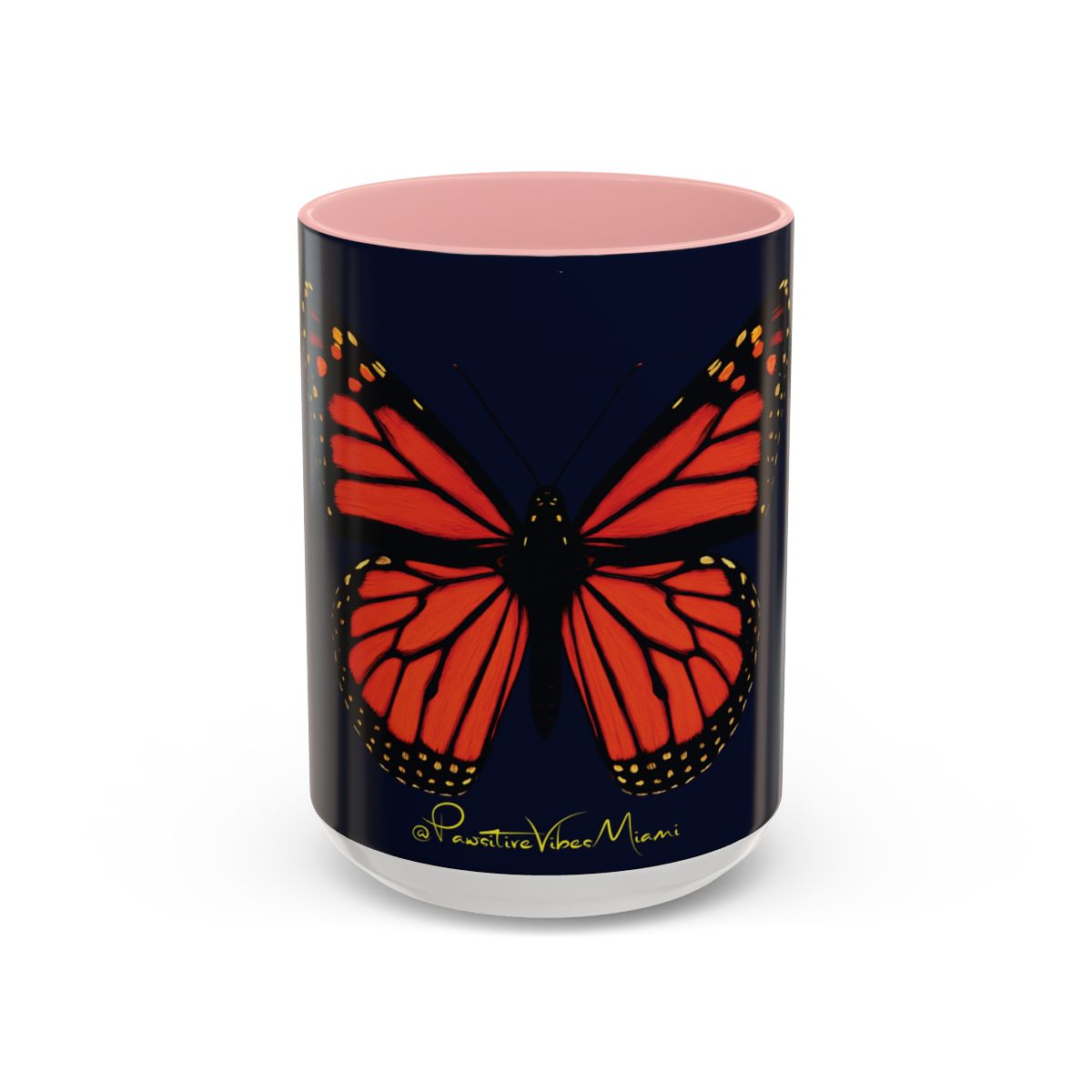 “Elegant monarch butterfly artwork inspired by midnight glow on glossy mug.”