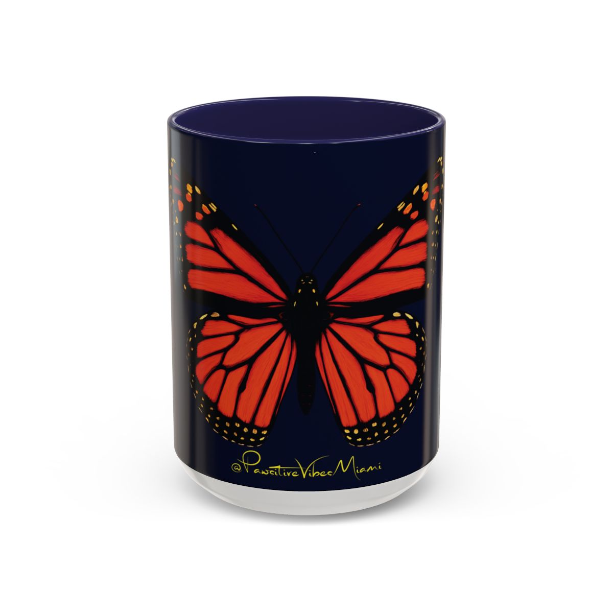 “Full‑wrap monarch butterfly illustration on glossy ceramic mug.”