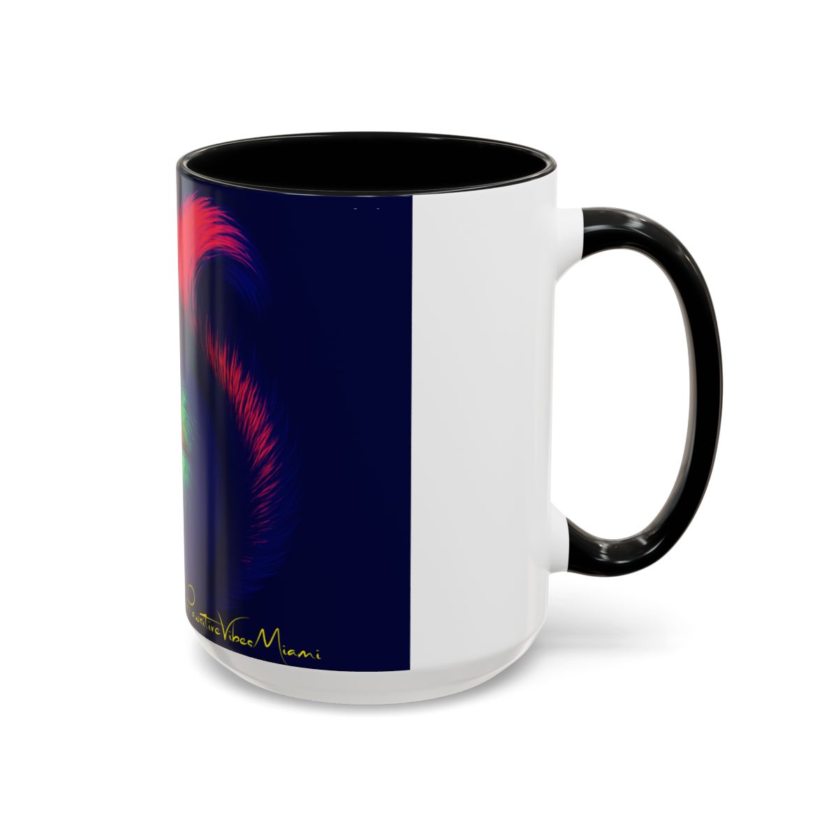 “Side angle of mug with illustrated squirrel holding a nut in Little Havana colors.”