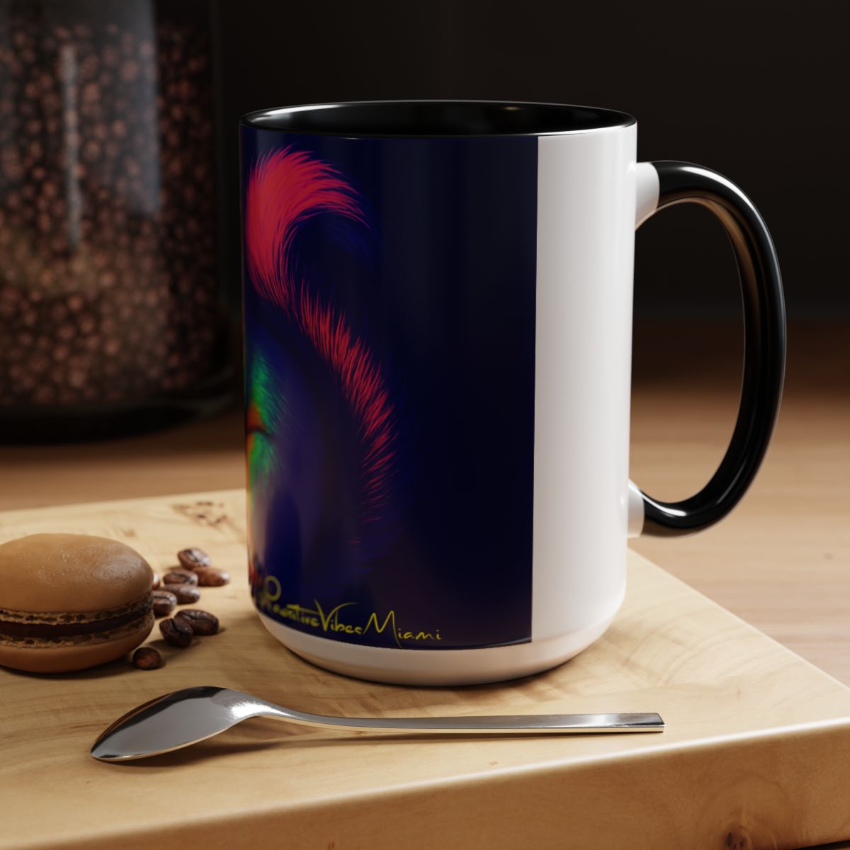 “Close‑up of Croqueta the squirrel printed in vibrant tropical tones on a glossy mug.”