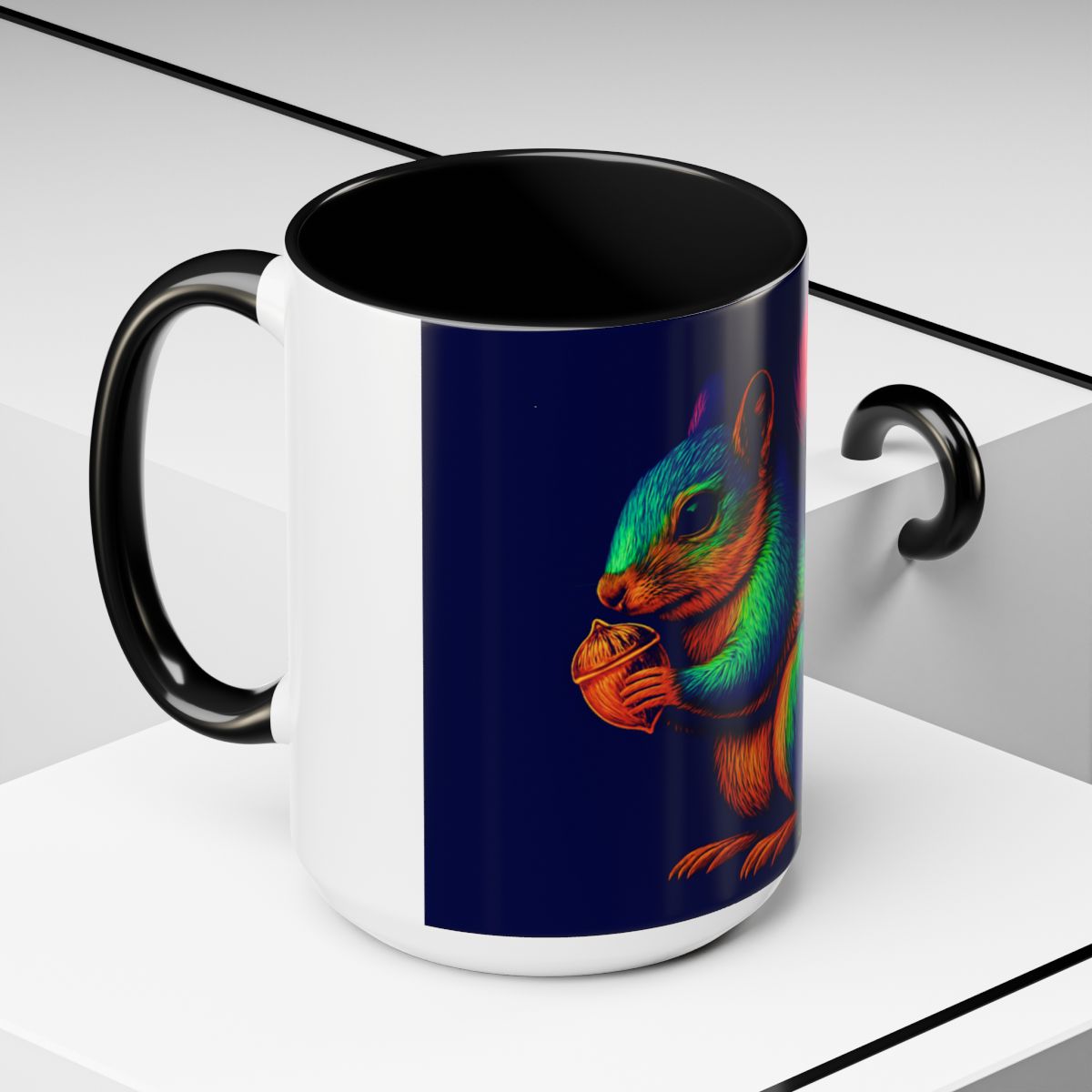 “Angled view of mug featuring Croqueta, the neighborhood nut collector, in bright colors.”