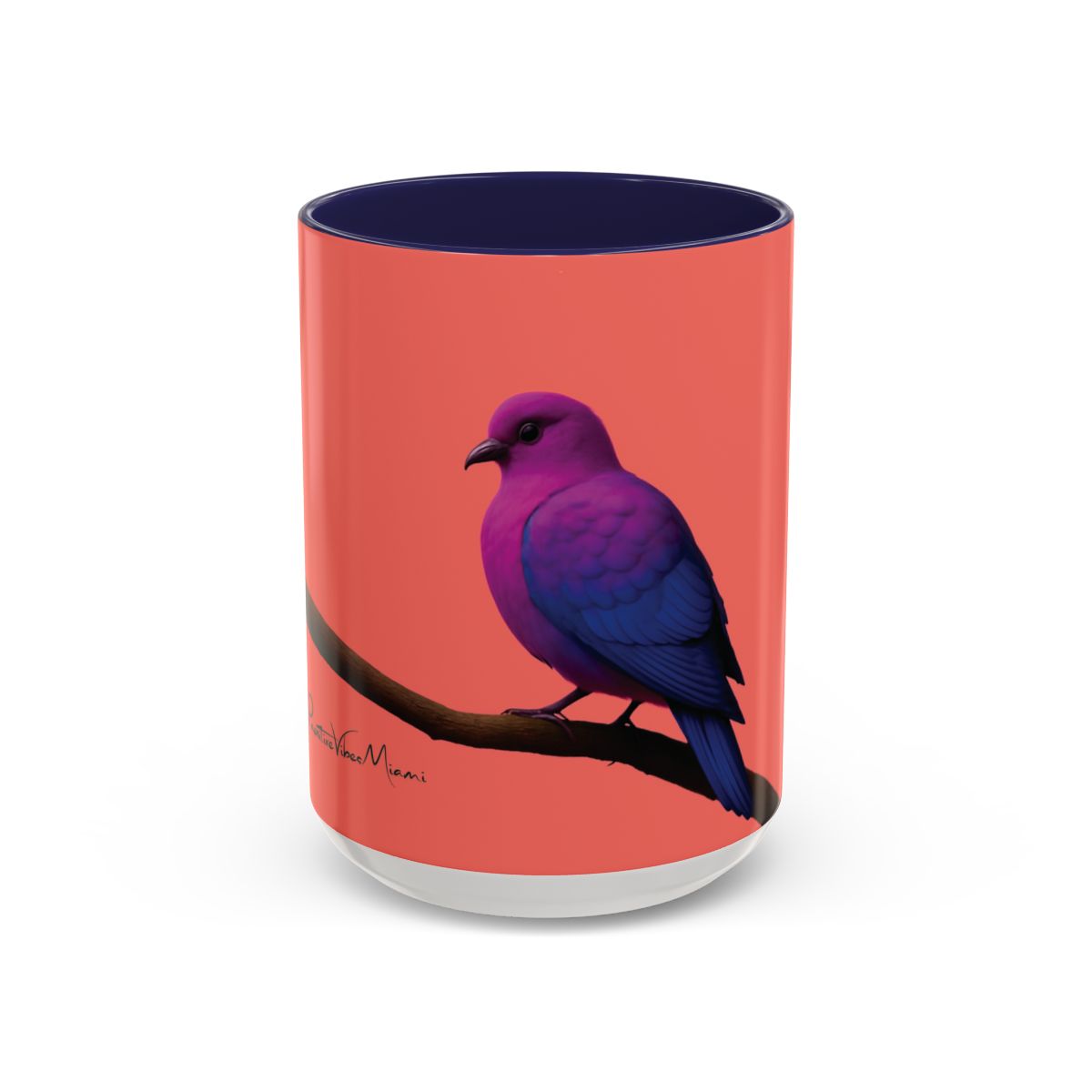 “Pigeon illustration with glowing feathers printed on a coral‑themed Miami‑inspired mug.”