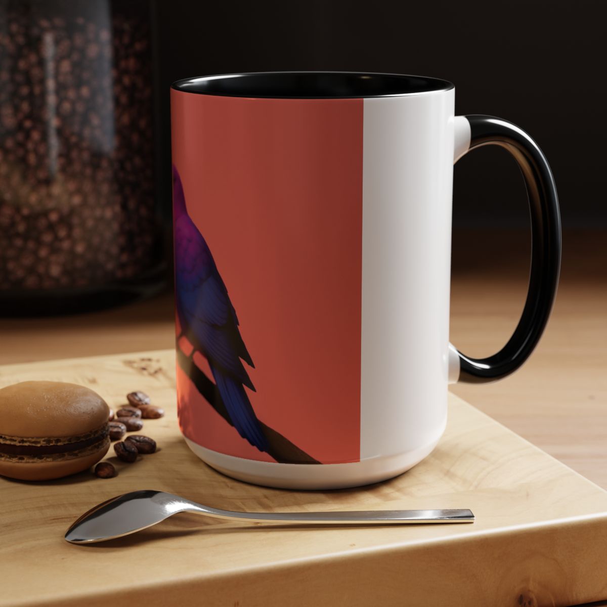 “Ceramic mug with soft, elegant pigeon artwork set in warm coral and jewel‑tone hues.”