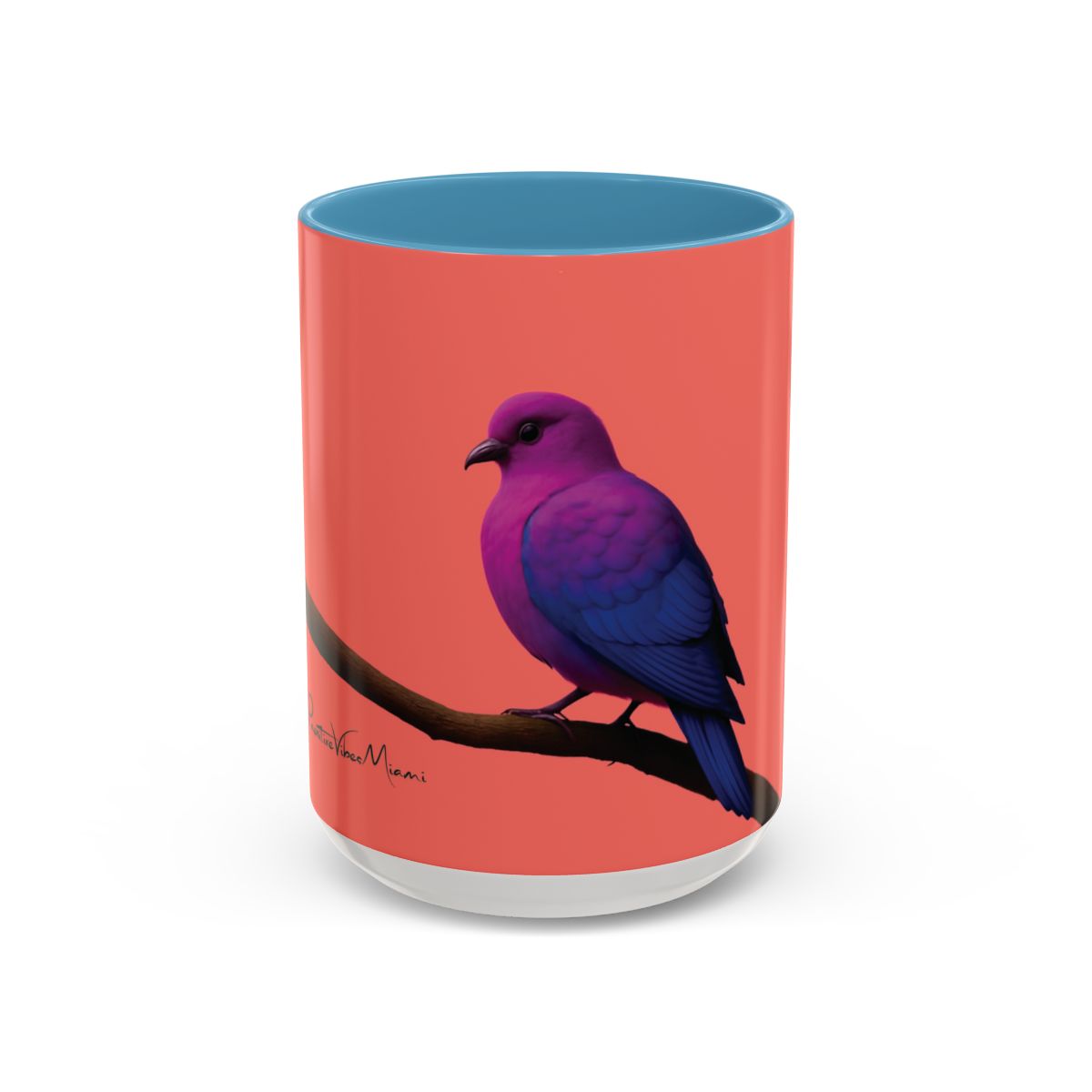 “Glossy ceramic mug featuring boutique‑style pigeon artwork in rich tropical tones.”