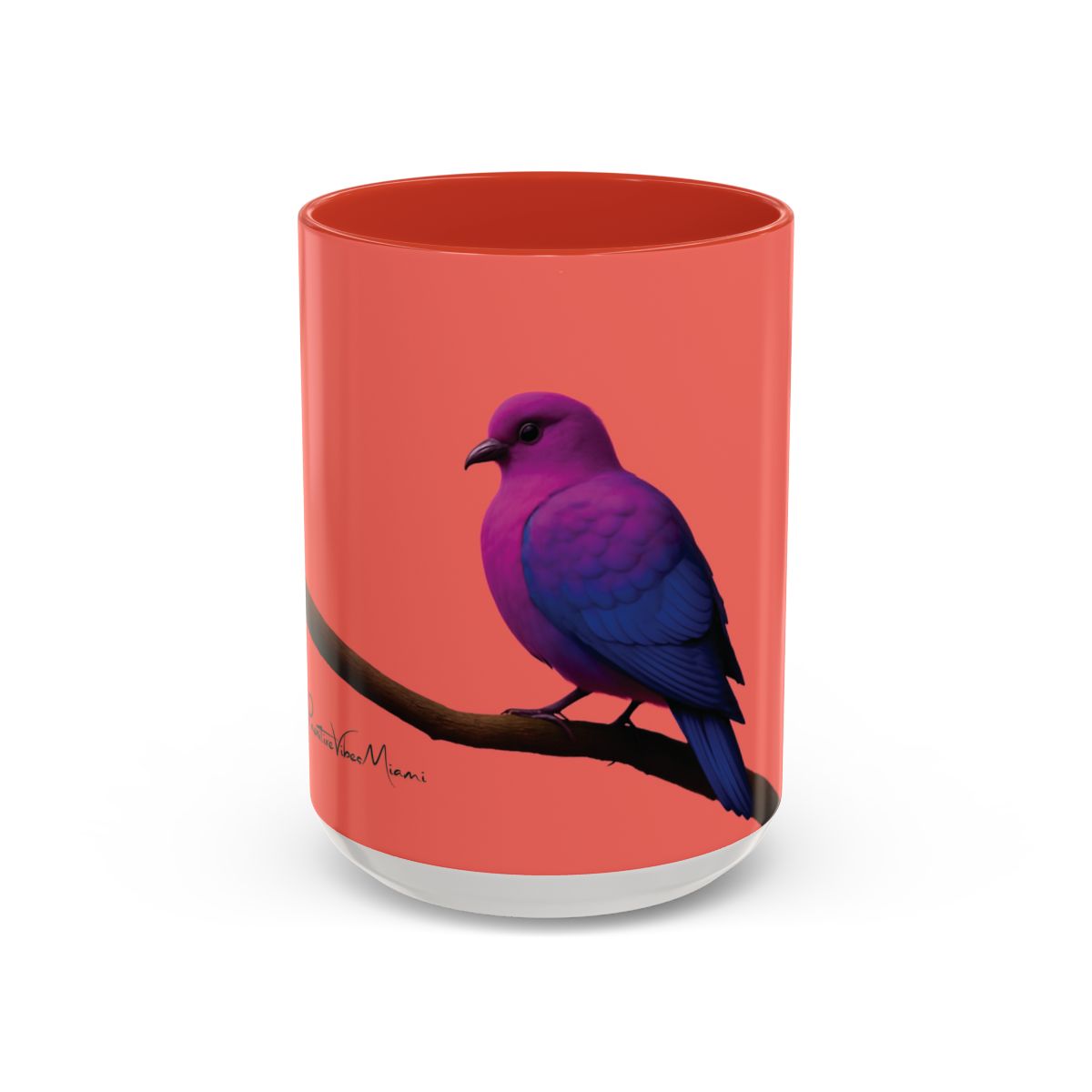 “Full‑wrap tropical pigeon illustration glowing in coral and jewel‑tone colors on a glossy ceramic mug.”