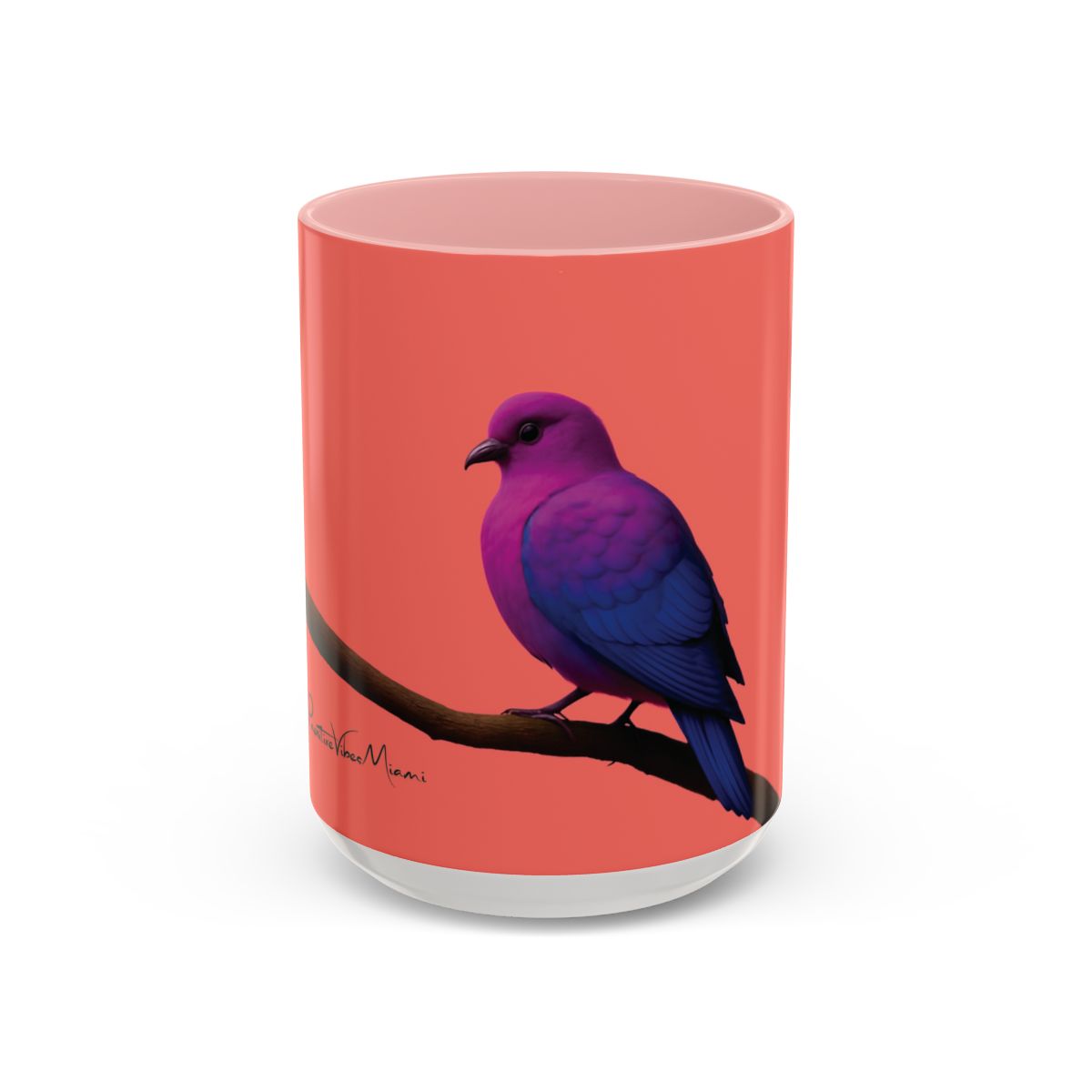 “Full‑wrap pigeon design blending backyard wildlife with Miami sunset colors on a 15 oz mug.