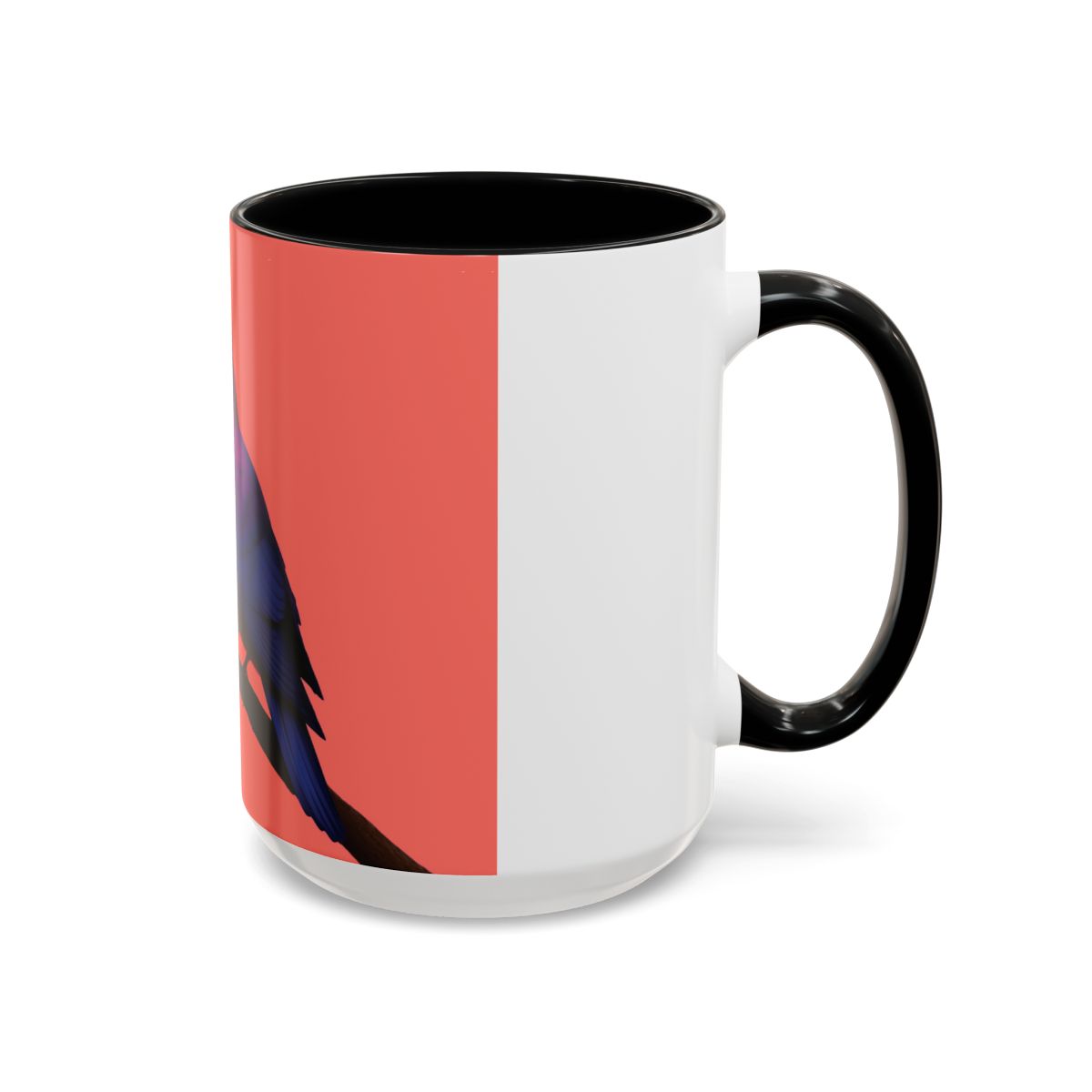 “Side angle of pigeon artwork glowing with tropical colors on a 15 oz ceramic mug.”
