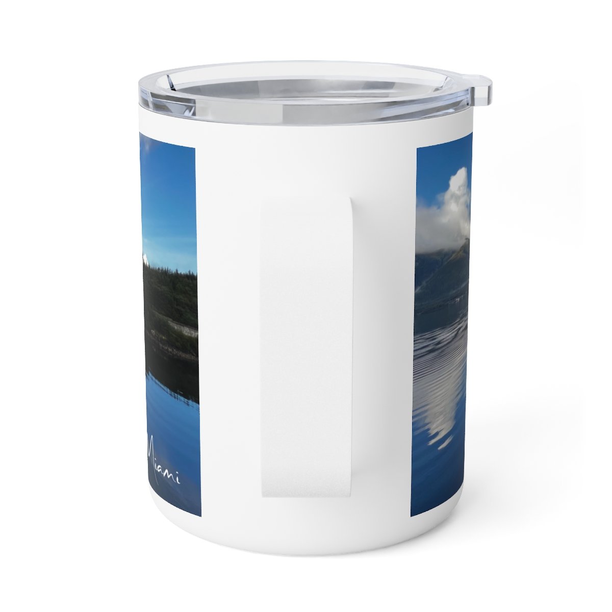 “10 oz insulated mug with serene Alaska photograph capturing a sacred, untouched landscape.”