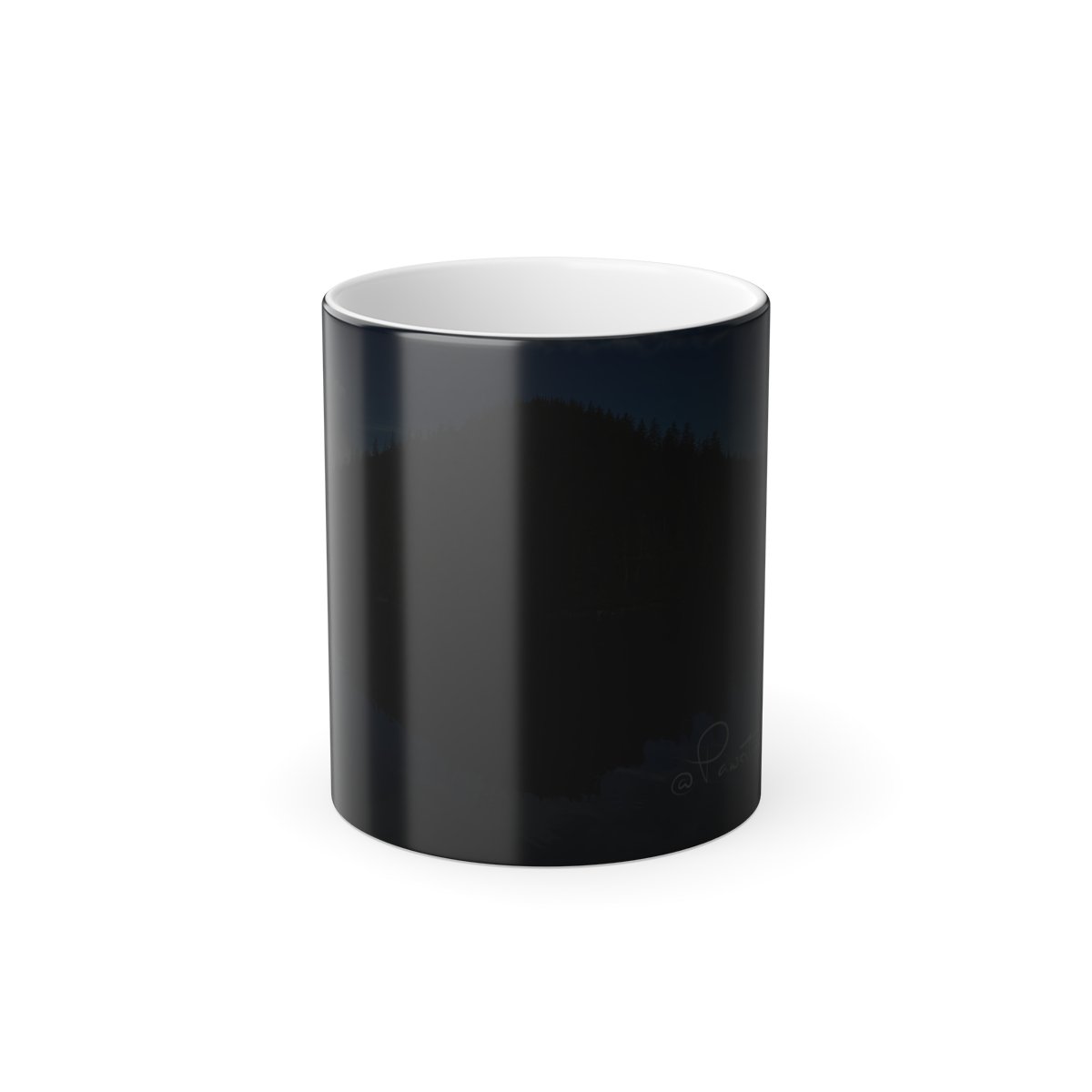 “Heat‑activated mug with a calm Alaska water reflection emerging from a dark base.”
