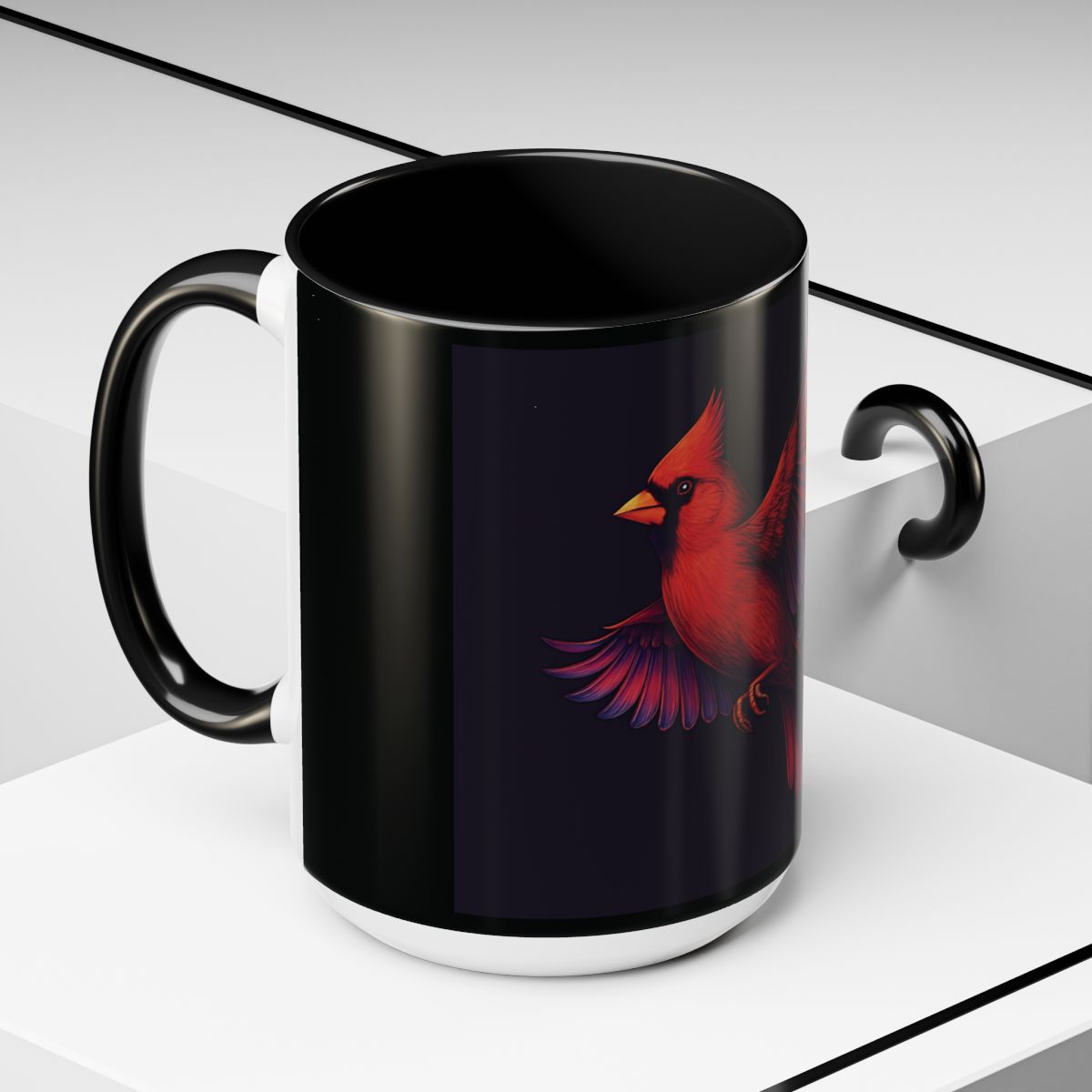 “Profile view of black mug with luminous red cardinal design symbolizing remembrance.”