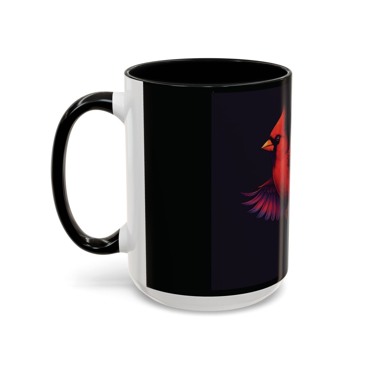 “Side view of black mug showing red cardinal with glowing wings in soft dawn light.”