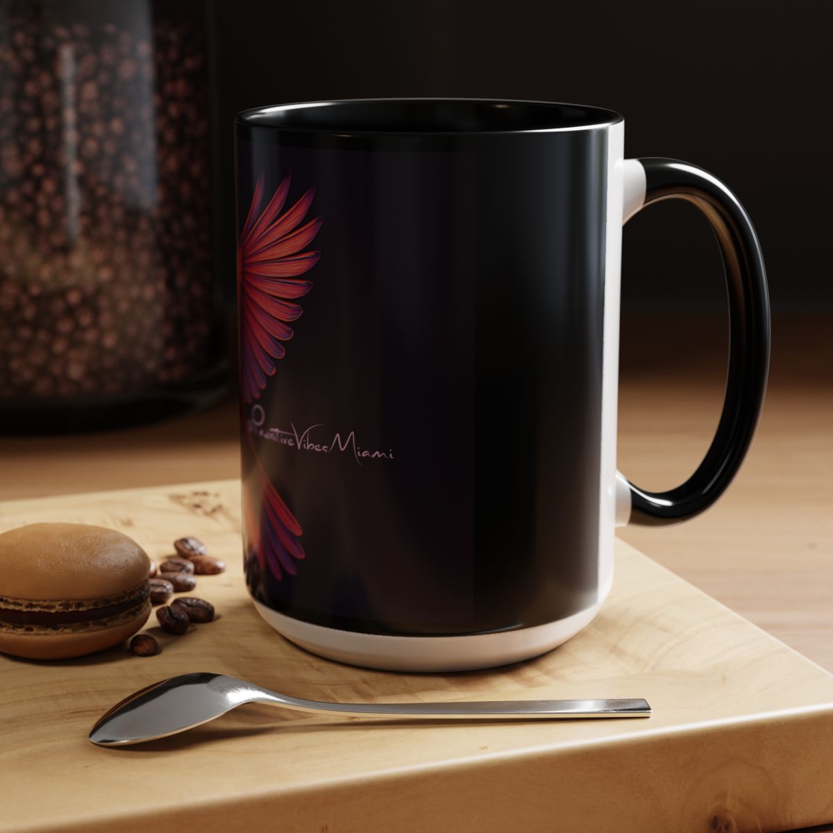“Side view of black mug showing red cardinal with glowing wings in soft dawn light.”