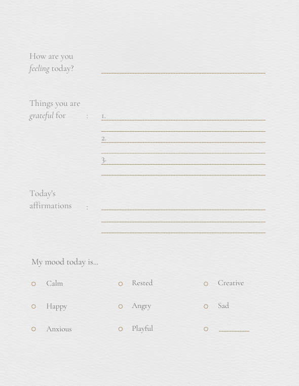 "Daily spread with sections for Todays affirmations and mood checkboxes: Calm, Rested, Creative, Happy, Angry, Sad, Anxious, Playful. Black and white design for emotional check‑ins."