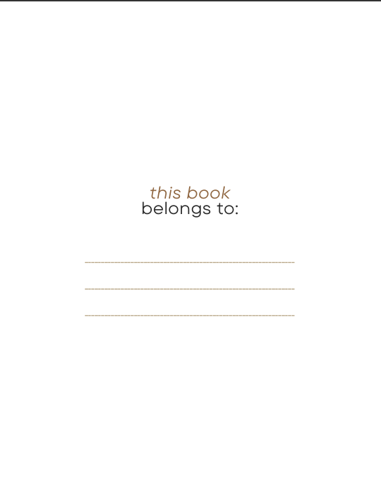 "Personalization page with text this book belongs to: and blank line for name – warm brown and cream design."