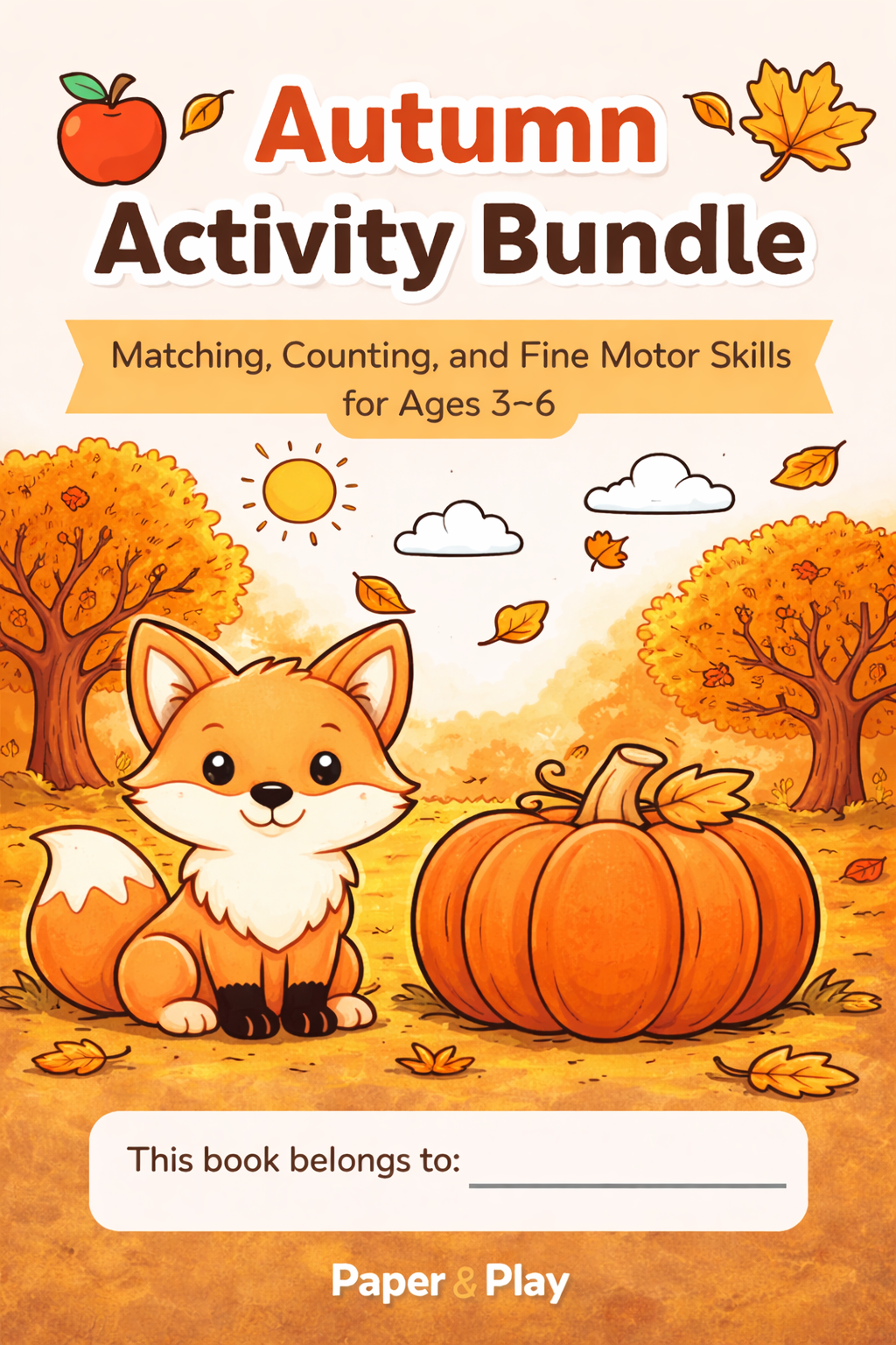 A 20-page printable autumn workbook for preschoolers showing various skill-building tasks like tracing, coloring, and identifying seasonal nature objects.