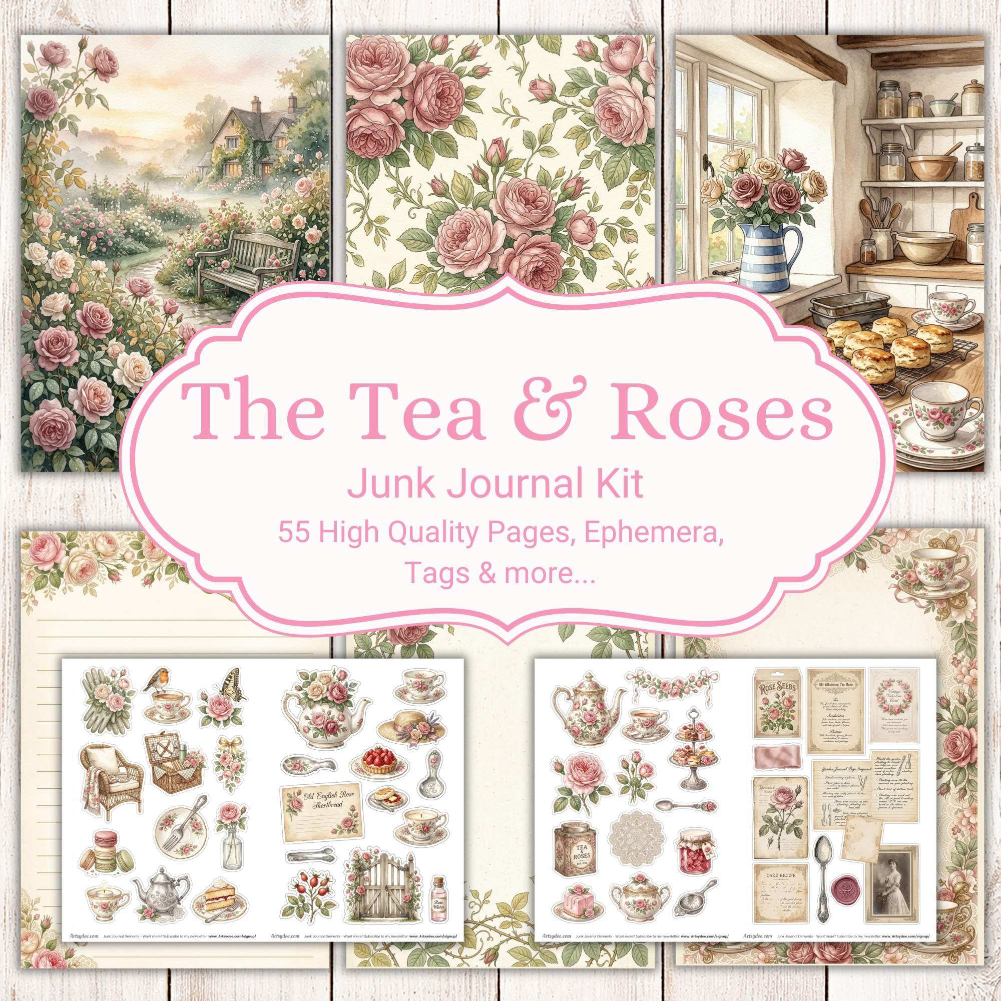 Tea & Roses Junk Journal Kit Printable | Vintage Floral Digital Papers ...