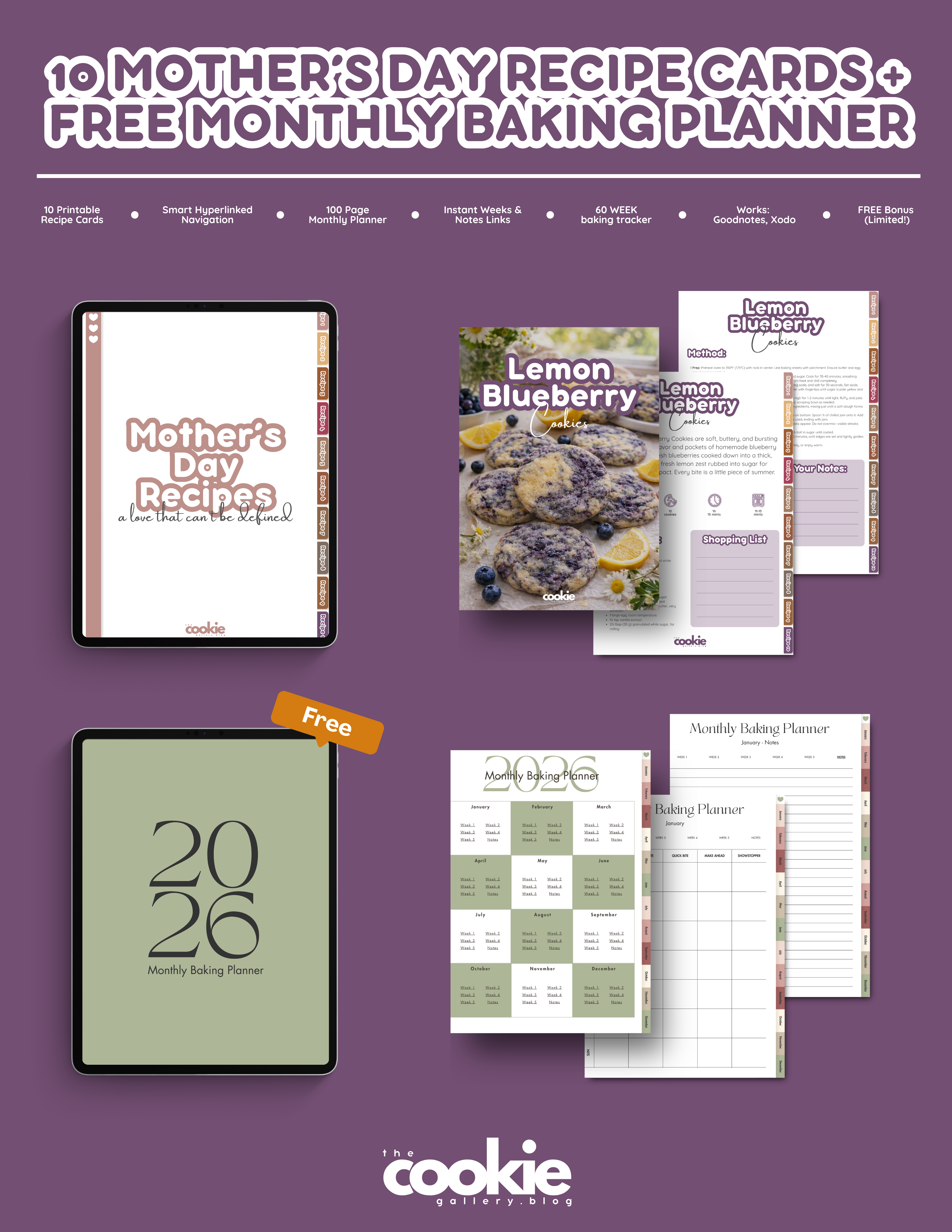 Mother's Day Baker's Bundle – 10 Printable Recipe Cards FREE 100-Page Monthly Baking Planner ...