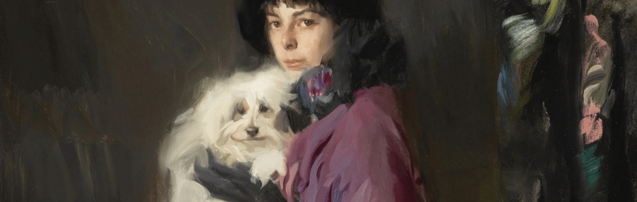 Portrait Featuring a Fashionable Woman with a White Maltese Dog