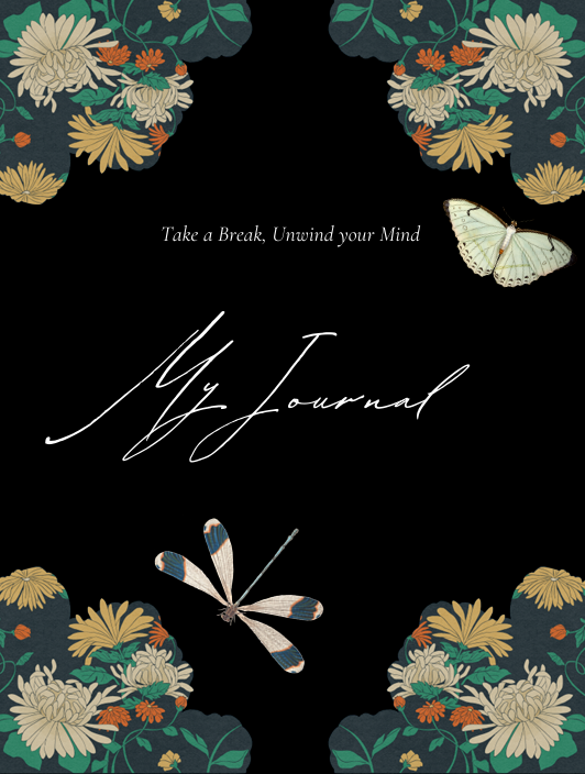 "Cover of black and beige minimalist daily journal with text Journal, Take a Break, Unwind your Mind, and My. Calm, grounding design."