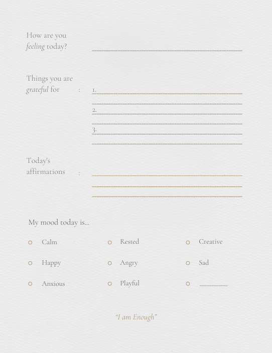 "Daily spread with sections for Todays affirmations and mood checkboxes: Calm, Rested, Creative, Happy, Angry, Sad, Anxious, Playful. Black and beige design."