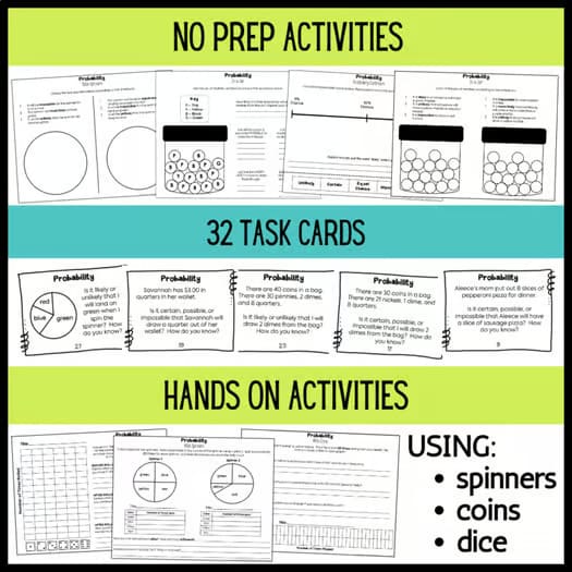 Probability - Games, Vocabulary, Spinners, Dice, Coins, Worksheets, Posters