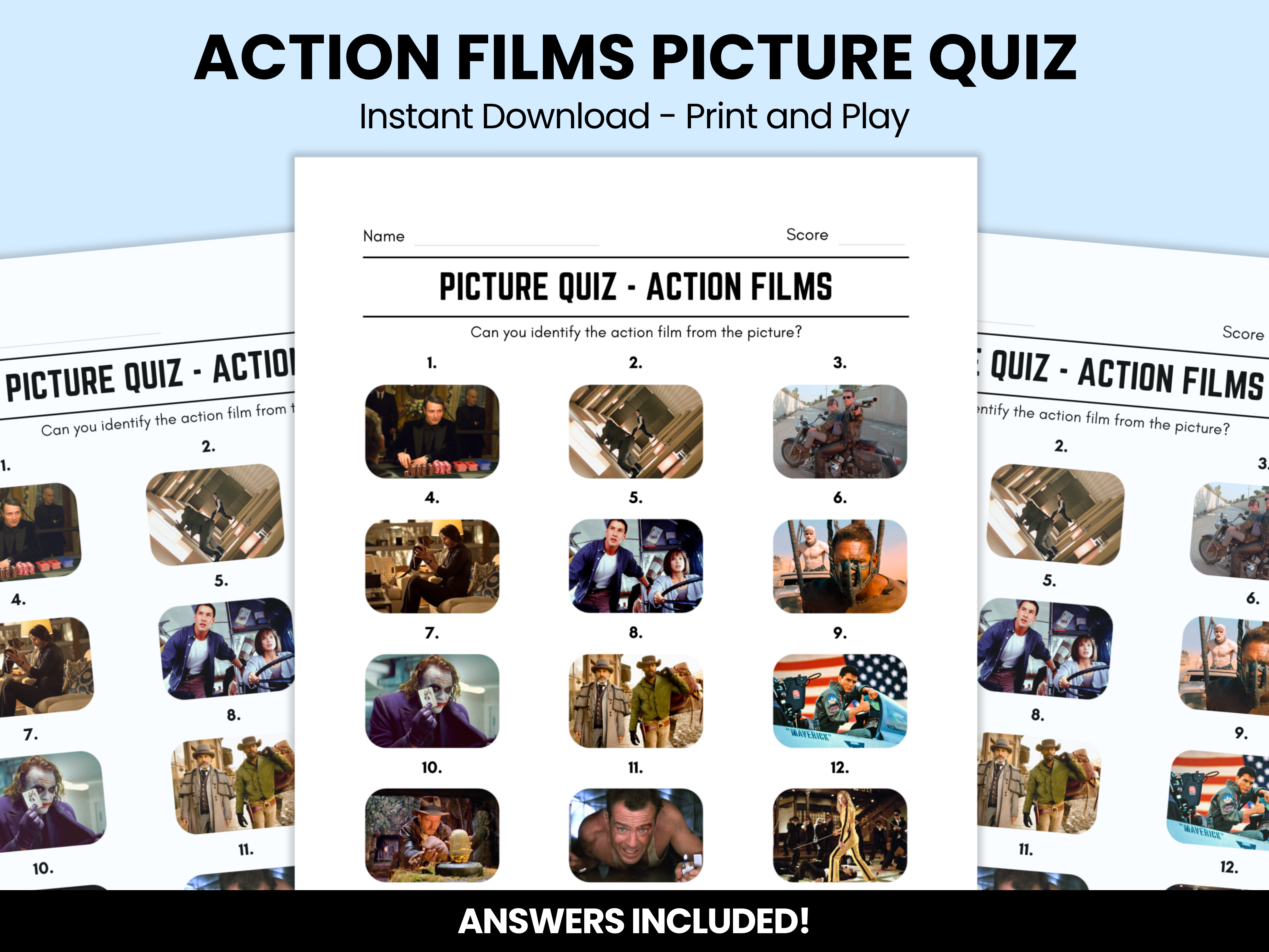 Action Films Picture Quiz With Answers – Instant Download