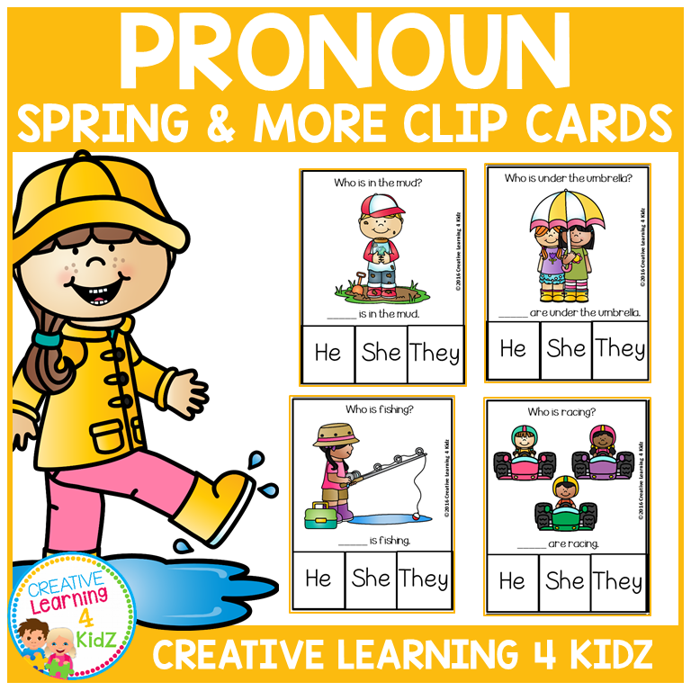 Spring Pronoun Clip Cards | He She They Grammar Practice for Kids