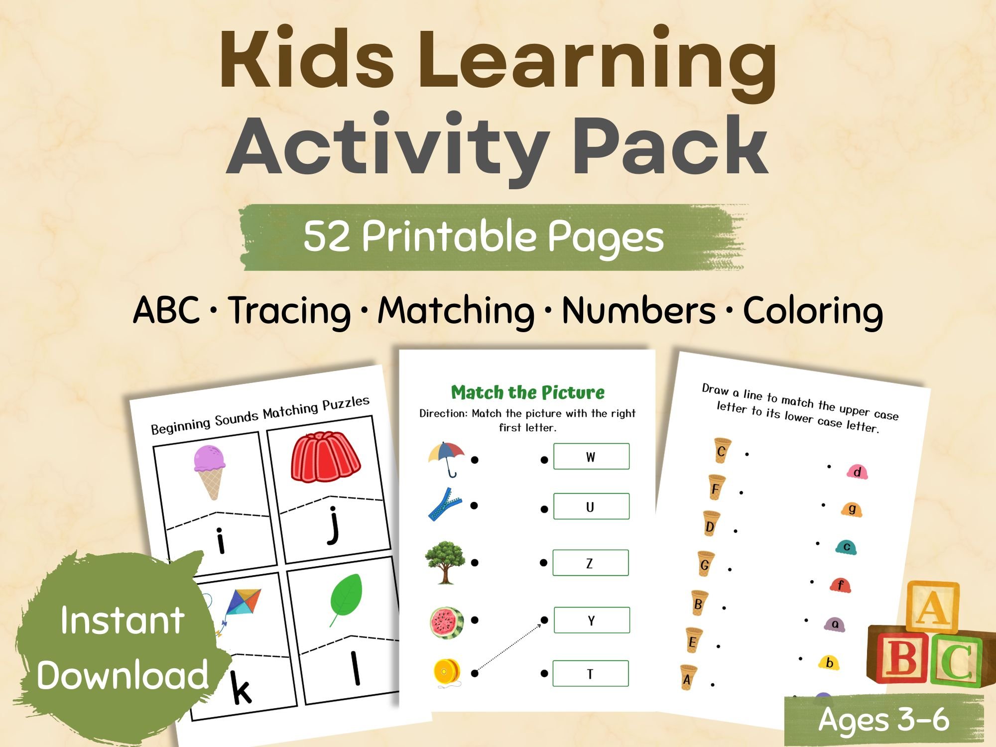 Kids Learning Activity Pack (52 Pages) | ABC Tracing, Matching, Numbers ...