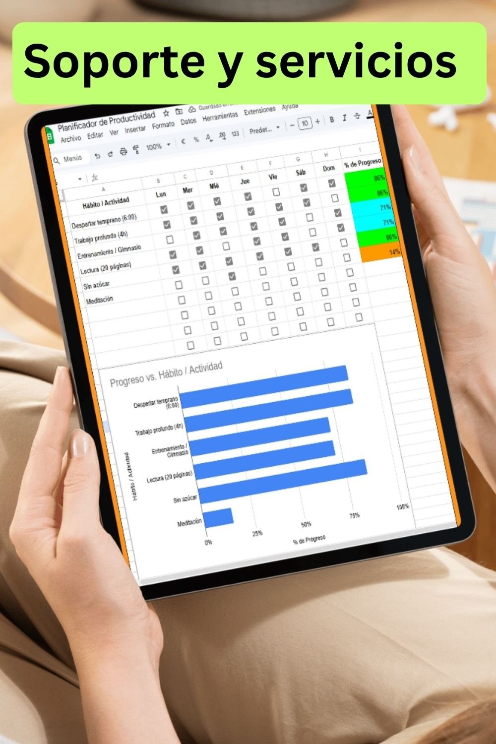 Una persona sostiene una tablet que muestra una plantilla profesional de Google Sheets para el seguimiento de hábitos, titulada "Planificador de Productividad". Se ven columnas con checks diarios, progress bars coloridos y un gráfico de barras que compara