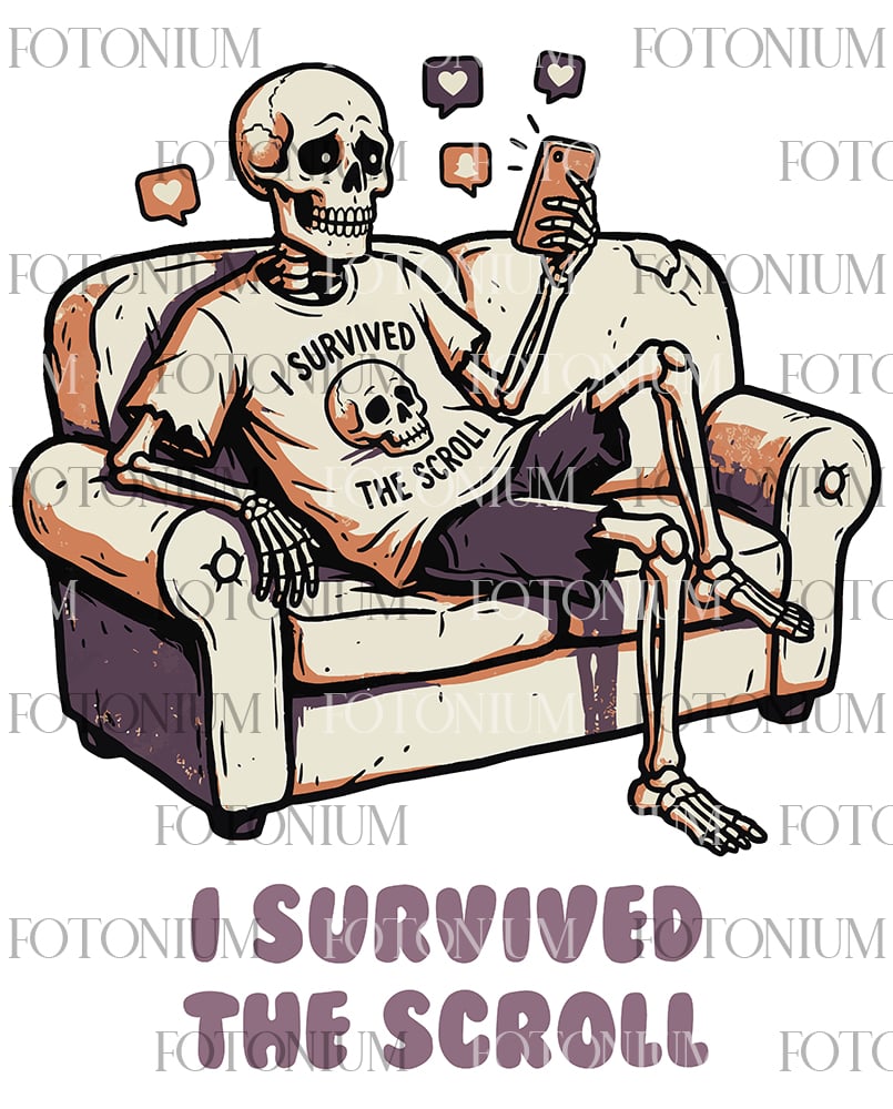 T-Shirt or POD Design - I Survived the Scroll – Lazy Skeleton Couch Graphic | Funny Doomscrolling