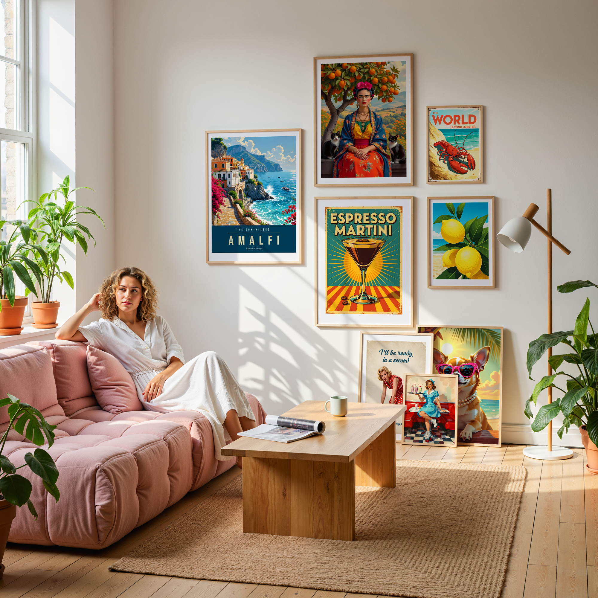 Gallery wall of framed retro art prints in a modern living room — including Amalfi travel poster, Frida-inspired portrait, Espresso Martini cocktail print, lemon botanical and vintage lifestyle prints by Kelvin Hughes Design