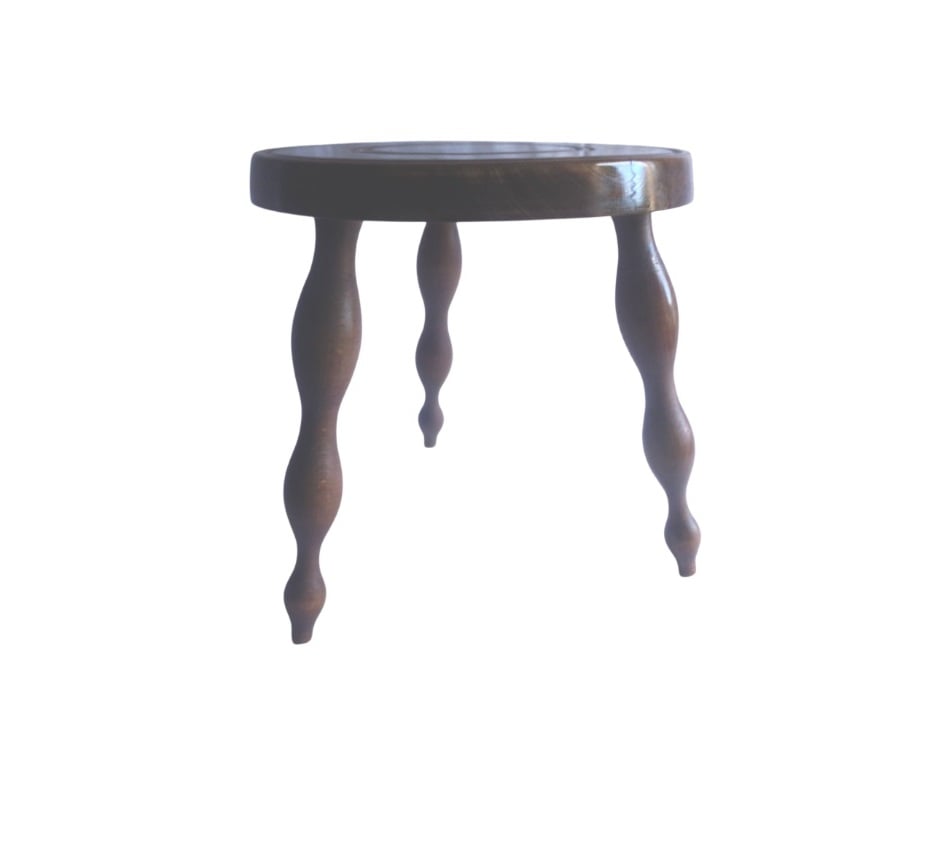 stool in carved wood, tapered three-legged milking stool, Round seat,