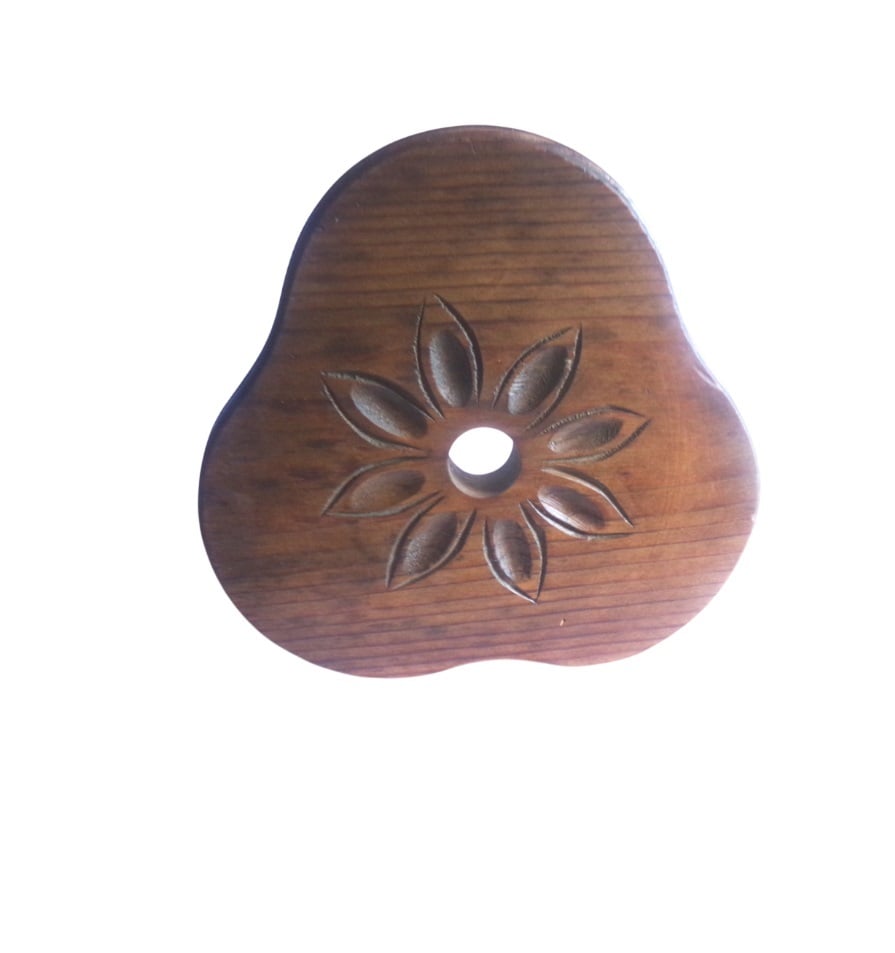 rustic Tripod Milking Stool, Seat with hand-carved flower petal motif