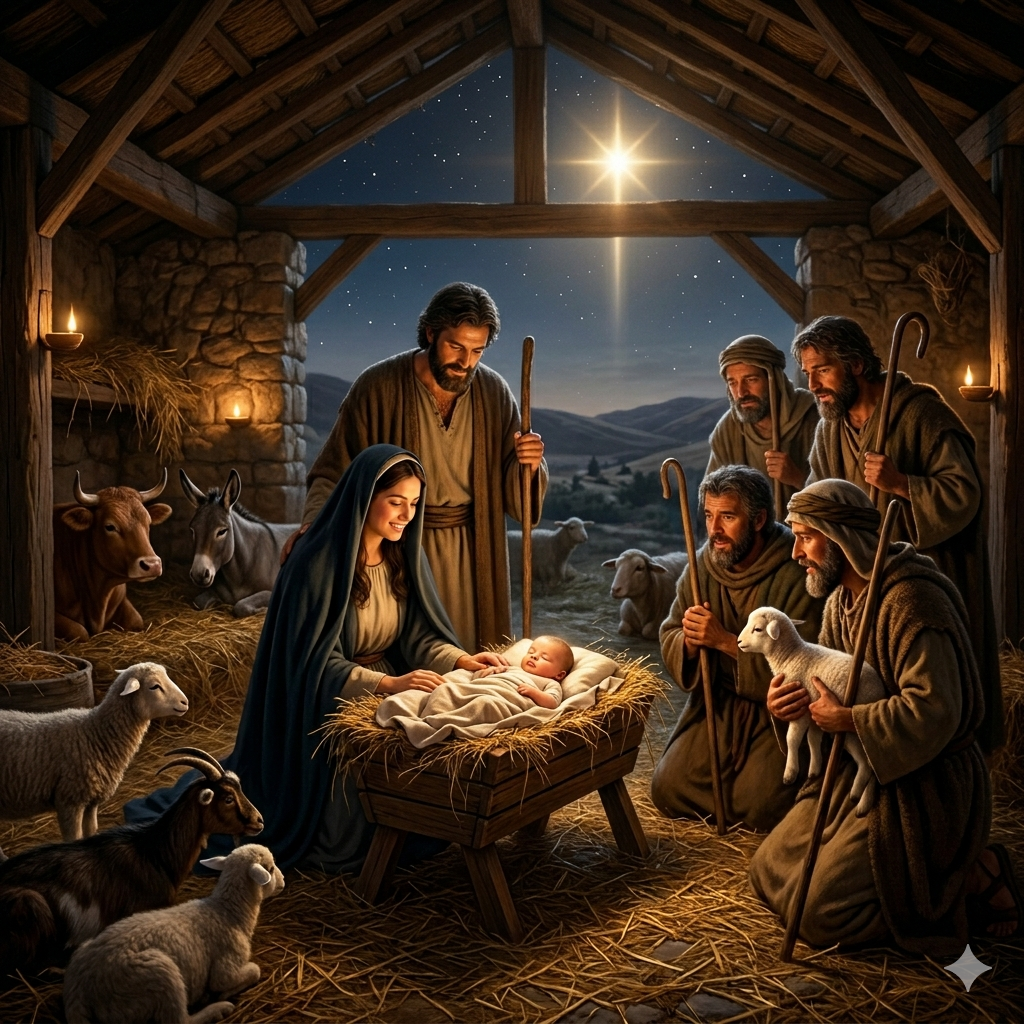 A peaceful night scene in a humble stable in Bethlehem where baby Jesus ...