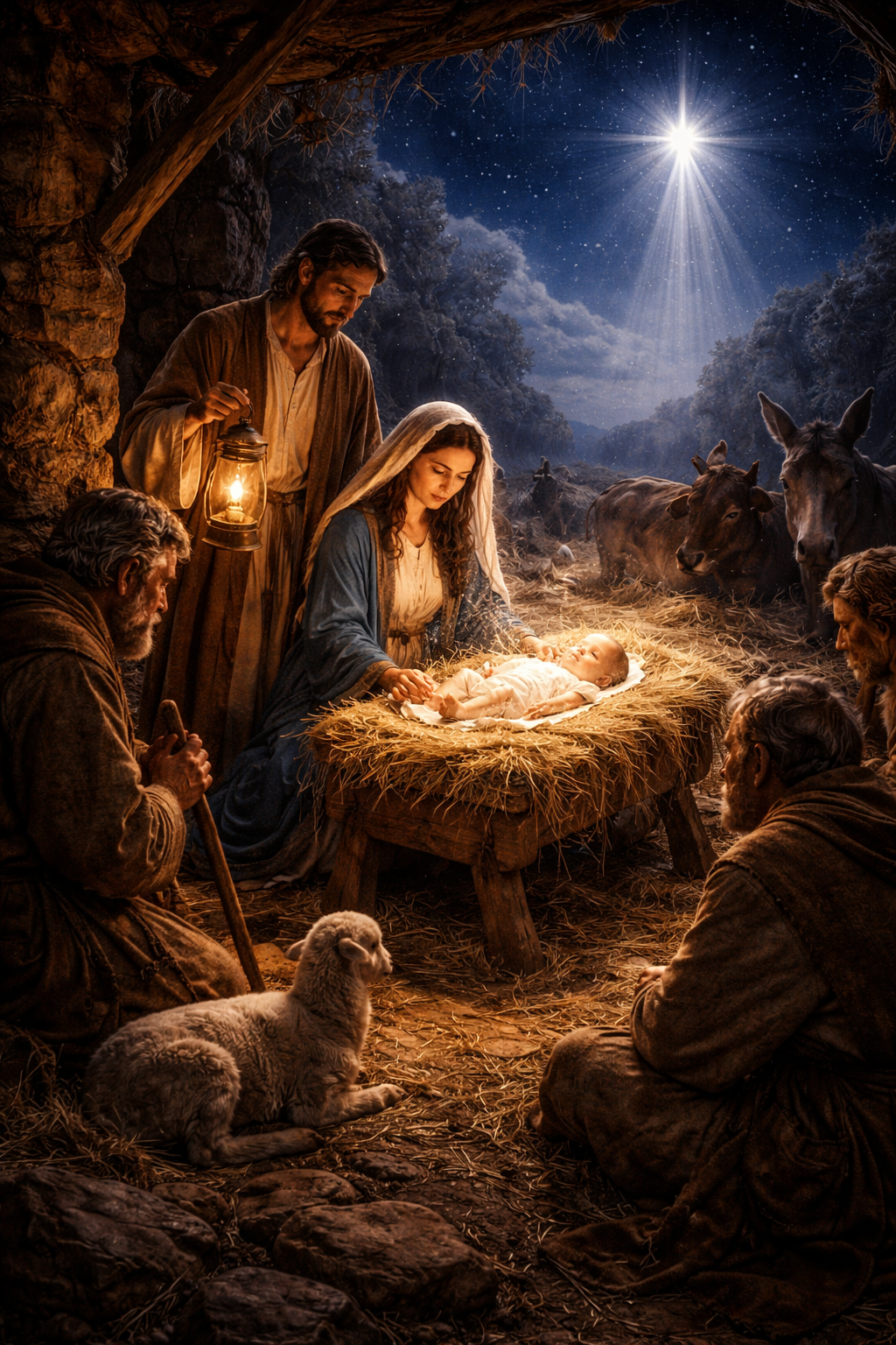 A peaceful night scene in a humble stable in Bethlehem where baby Jesus ...