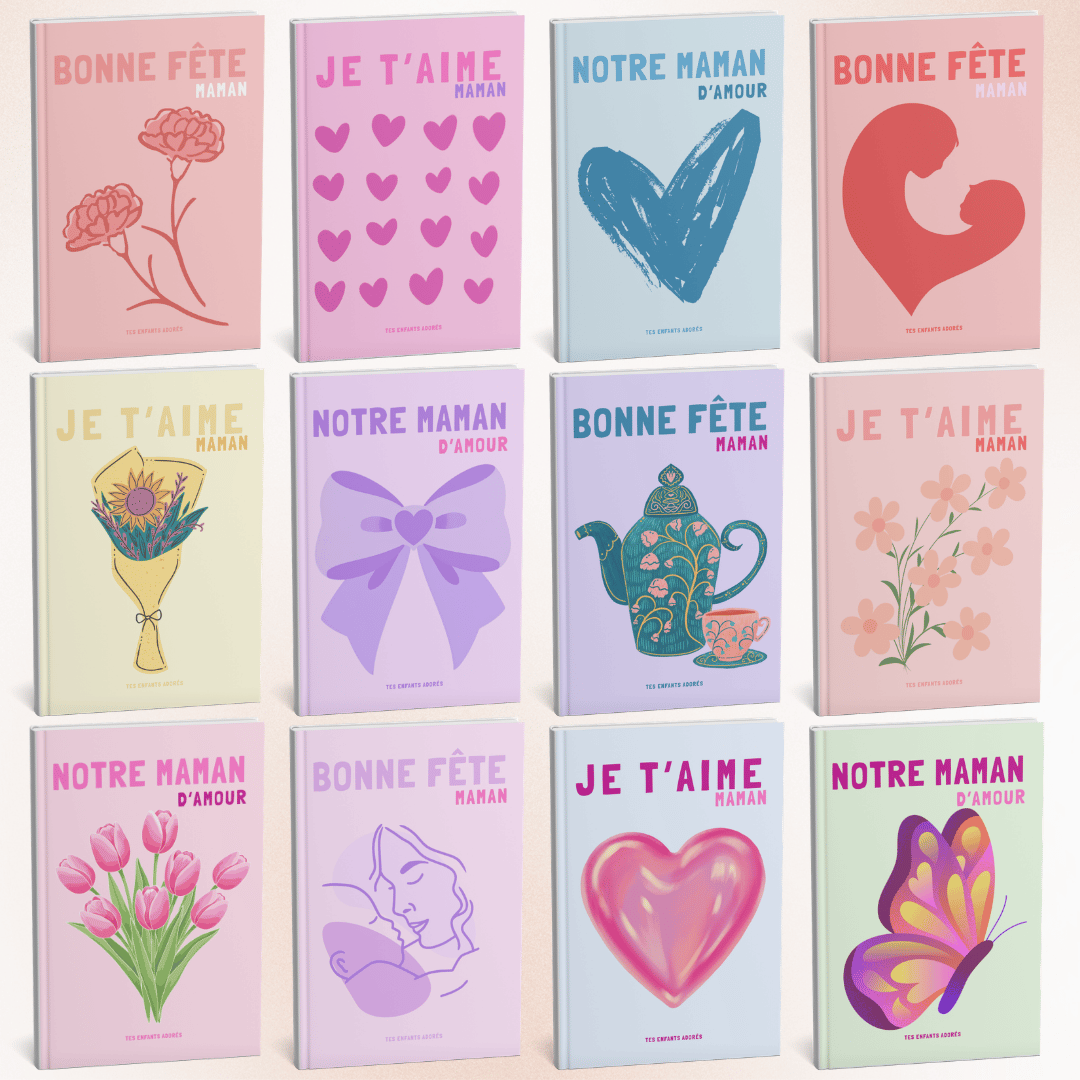 Vue d'ensemble des 12 couvertures d'albums photos numériques pour maman : motifs fleurs, cœurs, papillon et illustrations minimalistes.