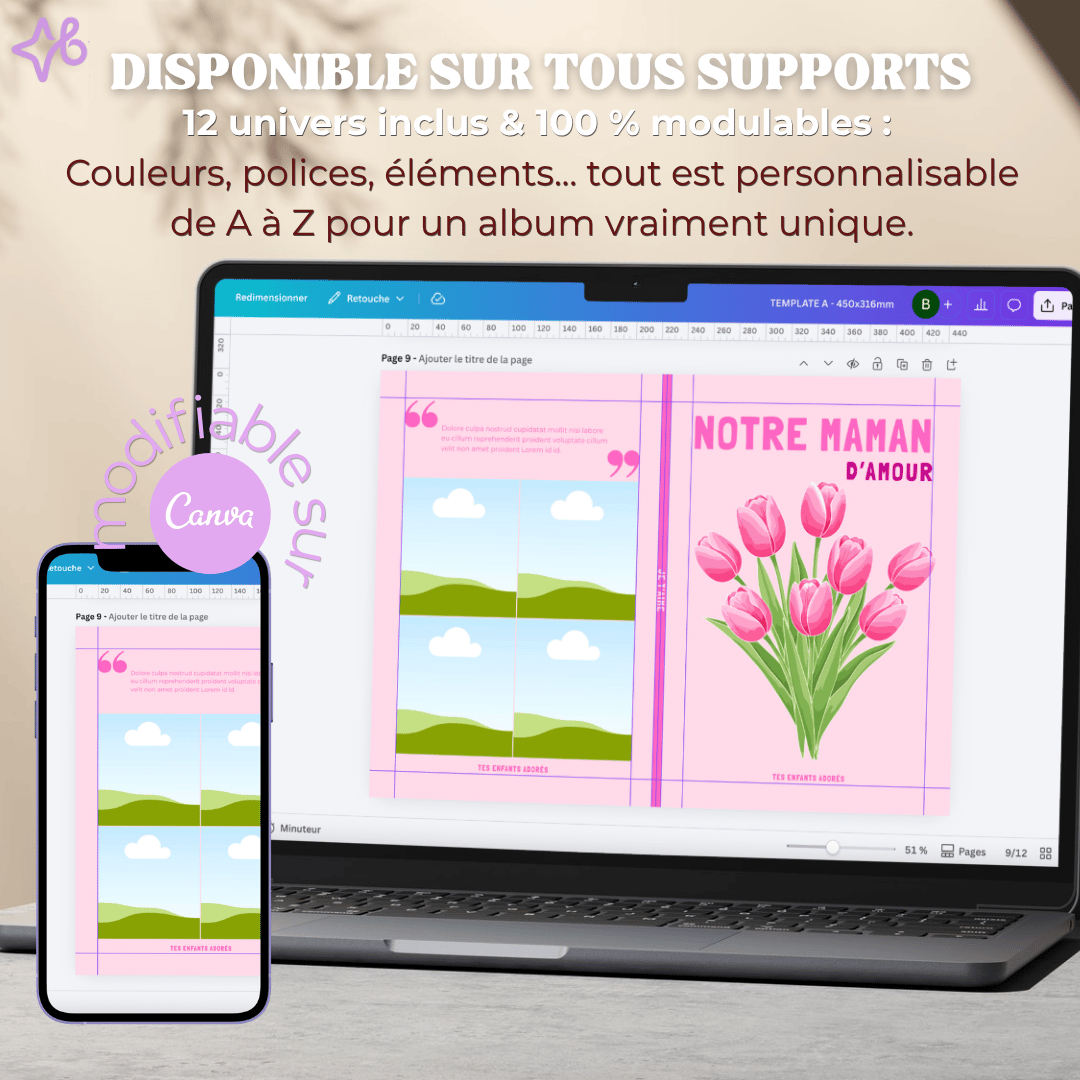 Interface de personnalisation d'un album photo maman sur ordinateur et smartphone via l'application Canva.