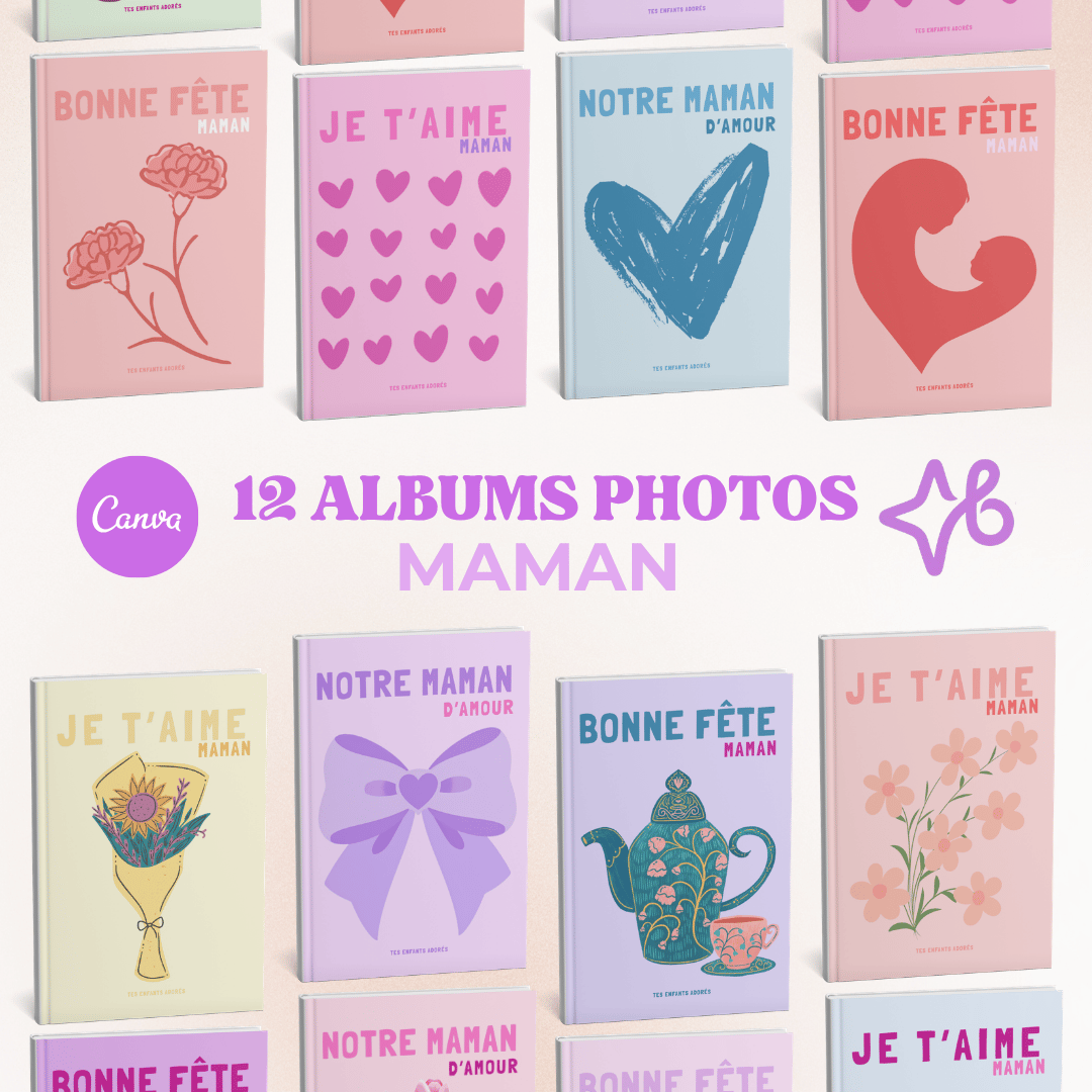 Catalogue de 12 modèles d'albums photos personnalisables sur Canva pour la fête des mères avec titres "Bonne fête maman" et "Je t'aime".