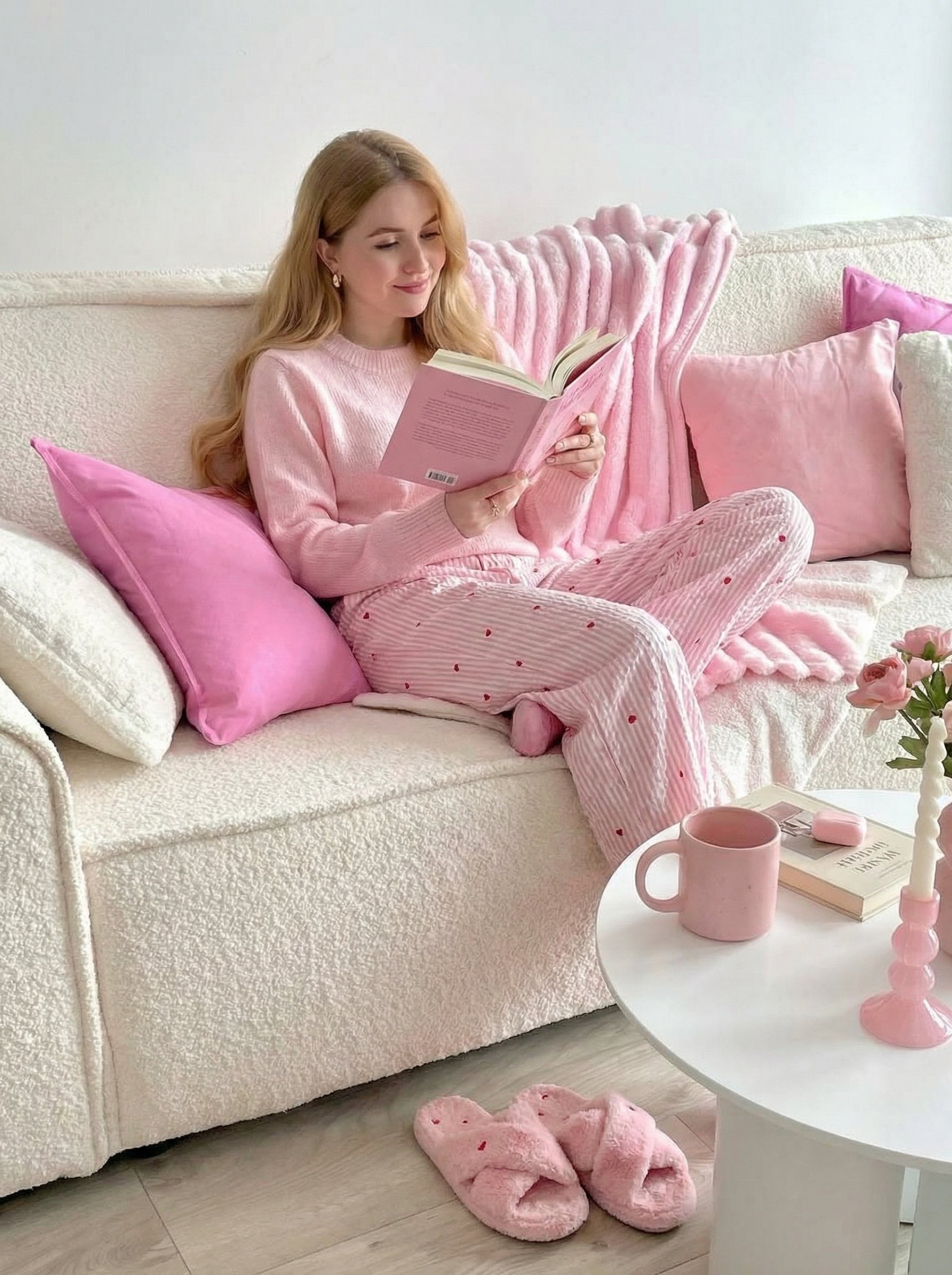 Woman Reading Book in Pink Style