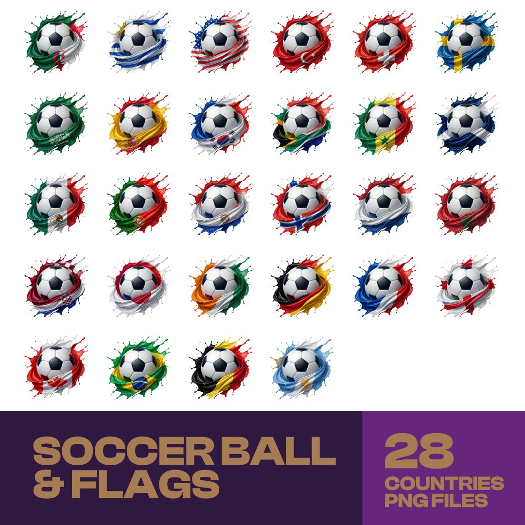 Soccer Ball Country Flags PNG Bundle – 28 Countries Football Splash Graphics – International Soccer Tournament Clipart