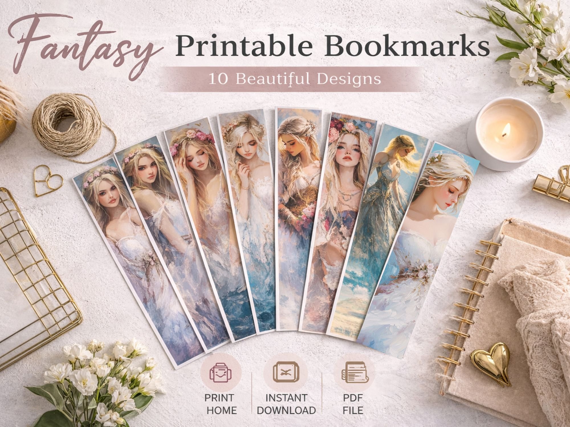 Fantasy Art Printable Bookmarks Set (10 Designs) | Elegant Woman ...