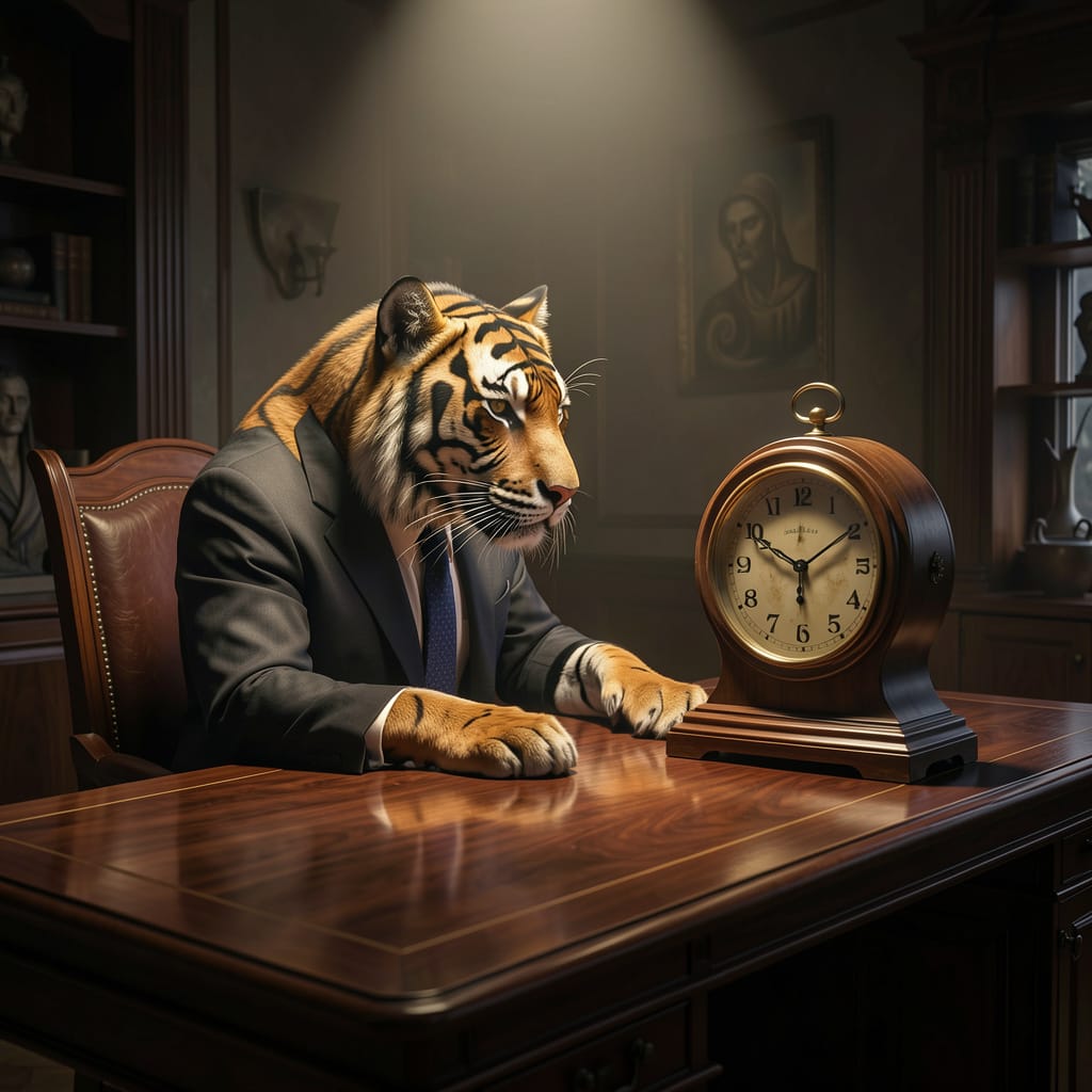 a tiger watching a clock
