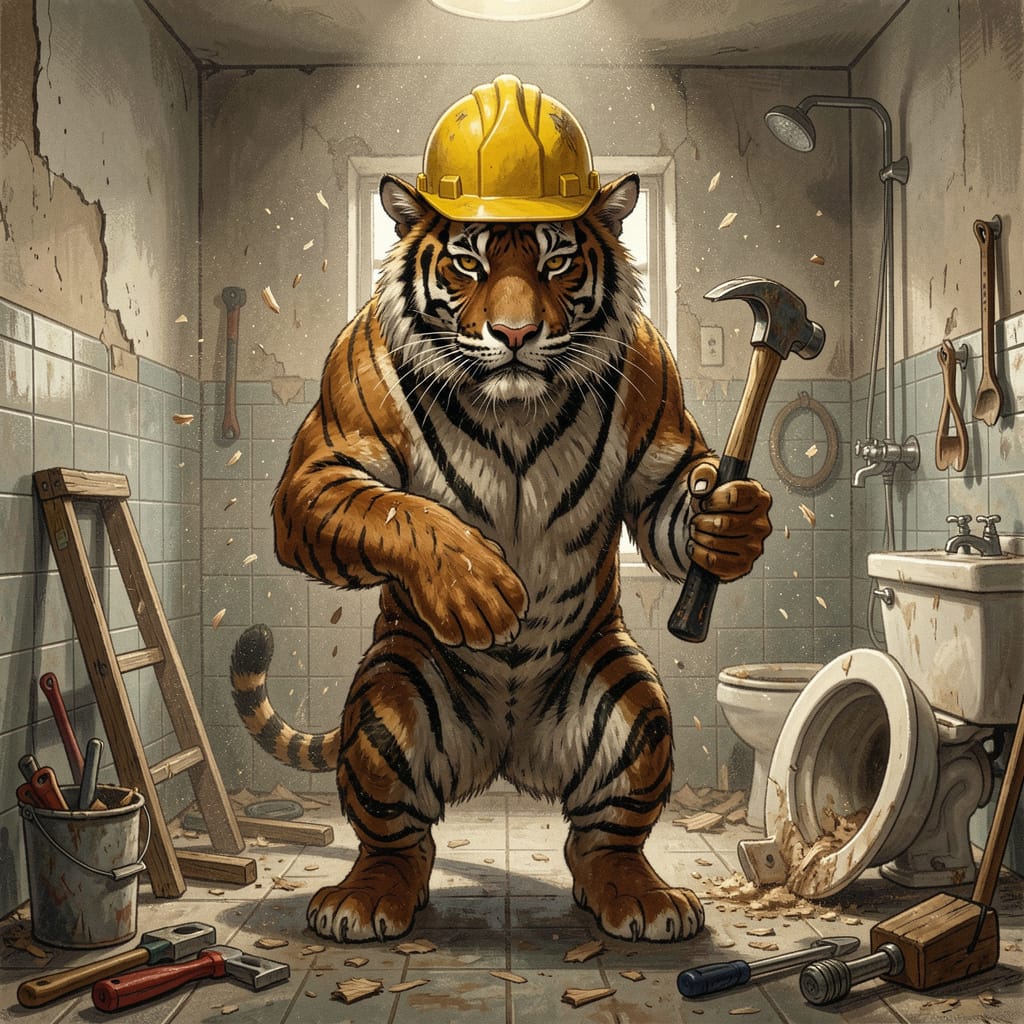 Tiger remodeling a bathroom